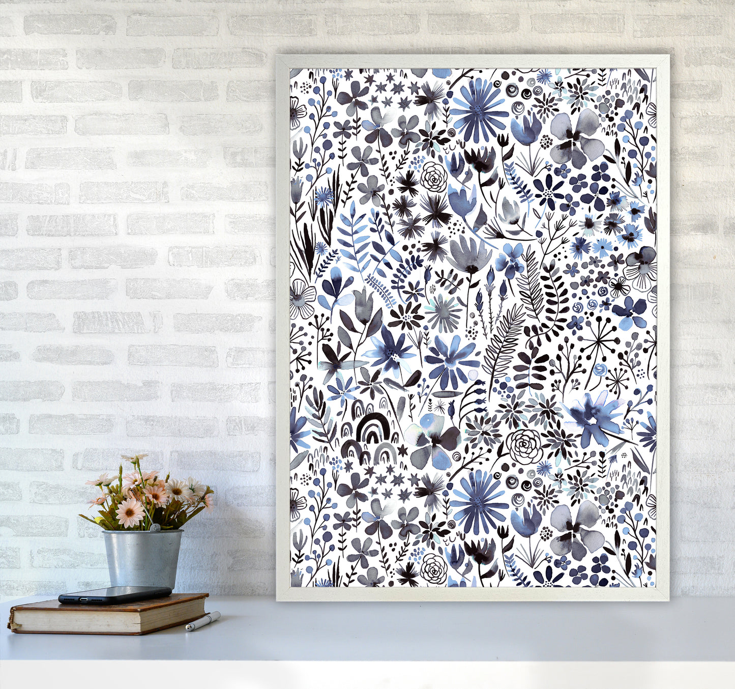 Winter Ink Flowers Abstract Art Print by Ninola Design A1 Oak Frame