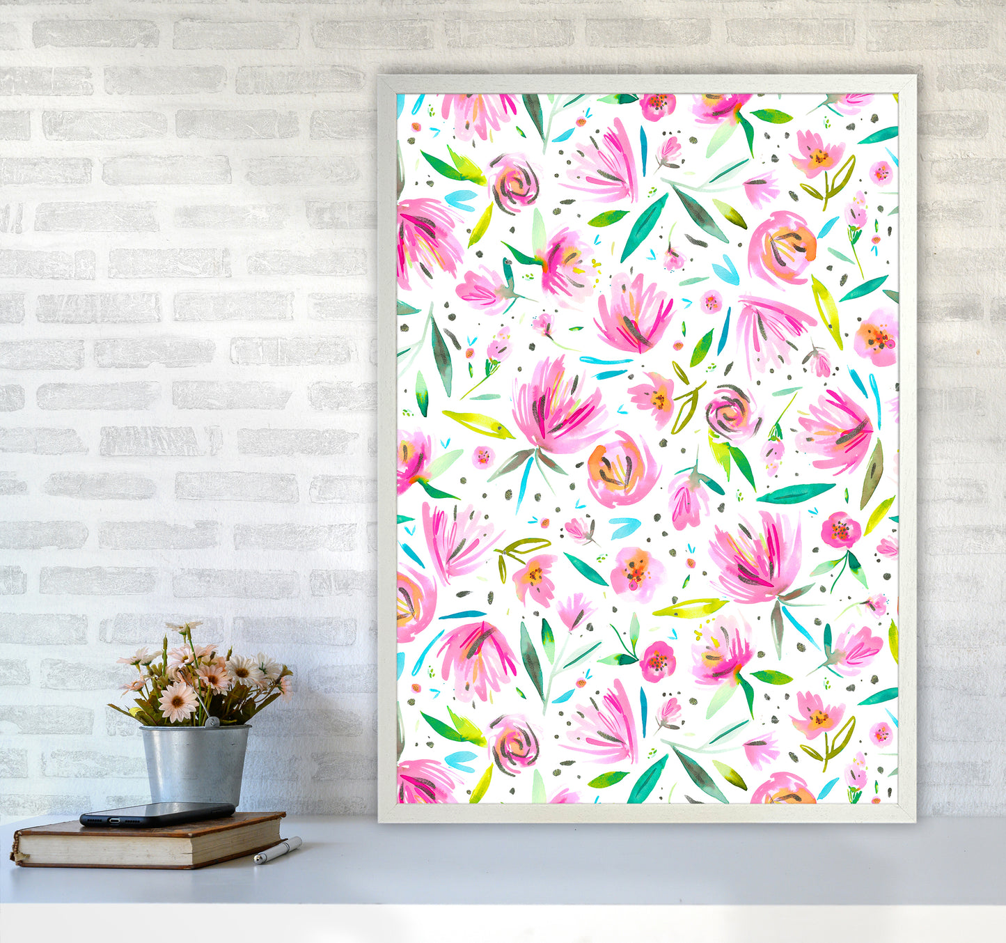 Peonies Pink Abstract Art Print by Ninola Design A1 Oak Frame
