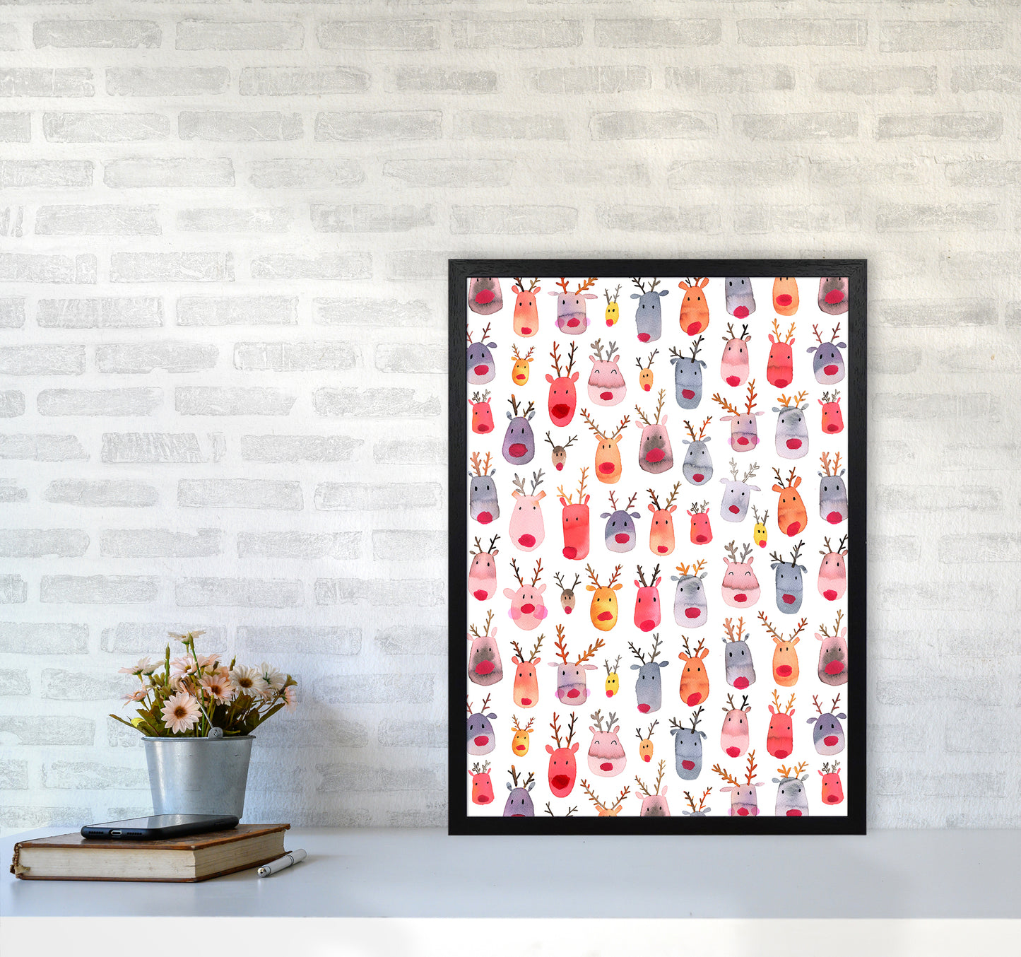 Cute Winter Reindeers Kids Abstract Art Print by Ninola Design A2 White Frame