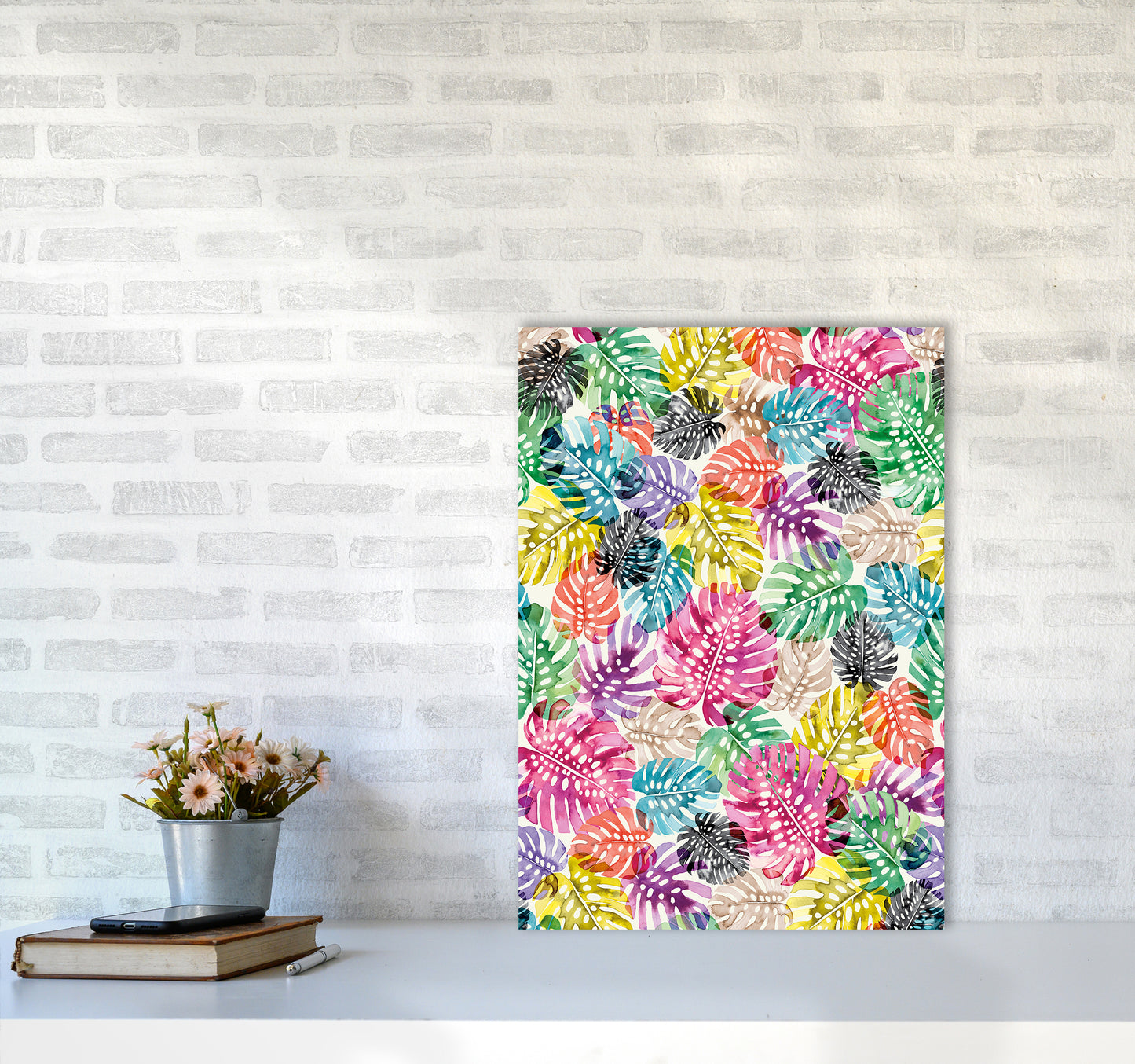 Tropical Monstera Leaves Multicolored Abstract Art Print by Ninola Design A2 Black Frame