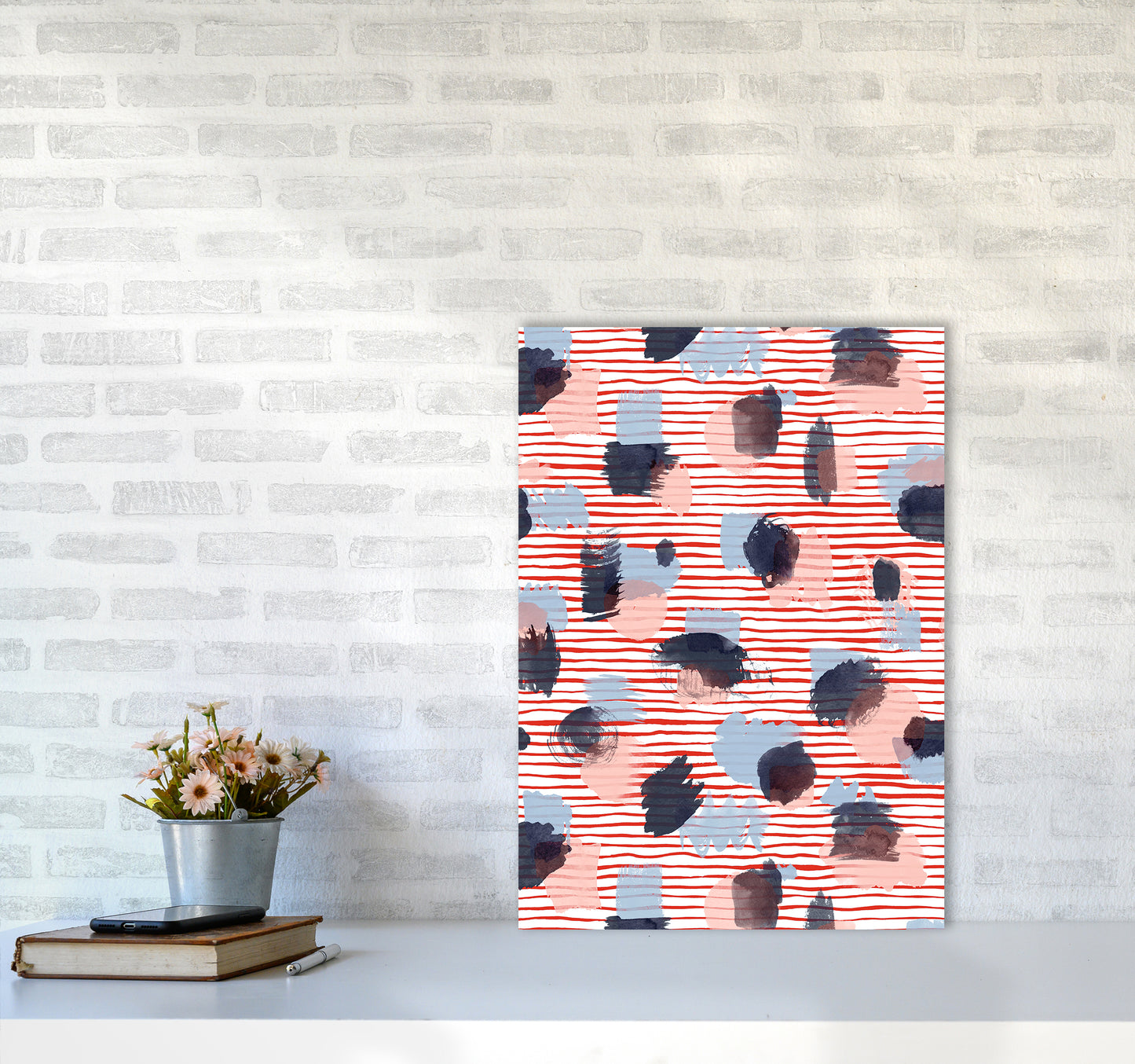 Watercolor Stains Stripes Red Abstract Art Print by Ninola Design A2 Black Frame
