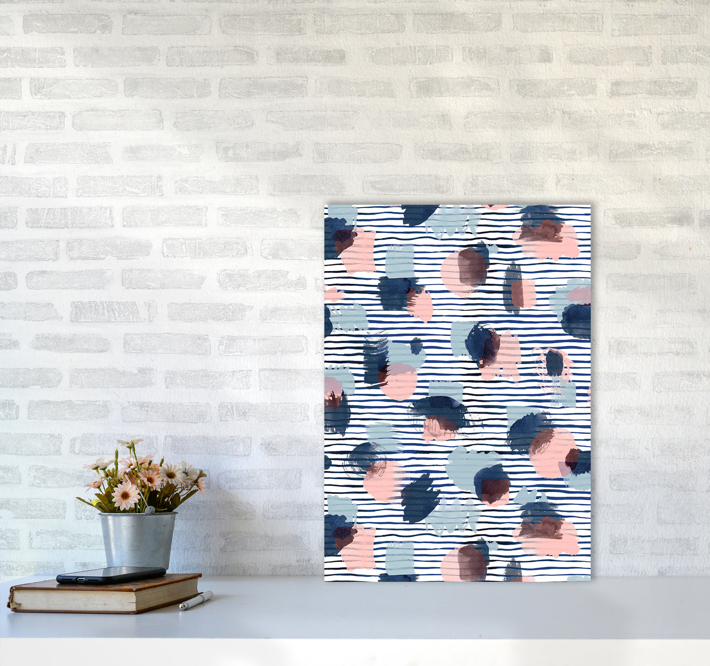 Watercolor Stains Stripes Navy Abstract Art Print by Ninola Design A2 Black Frame