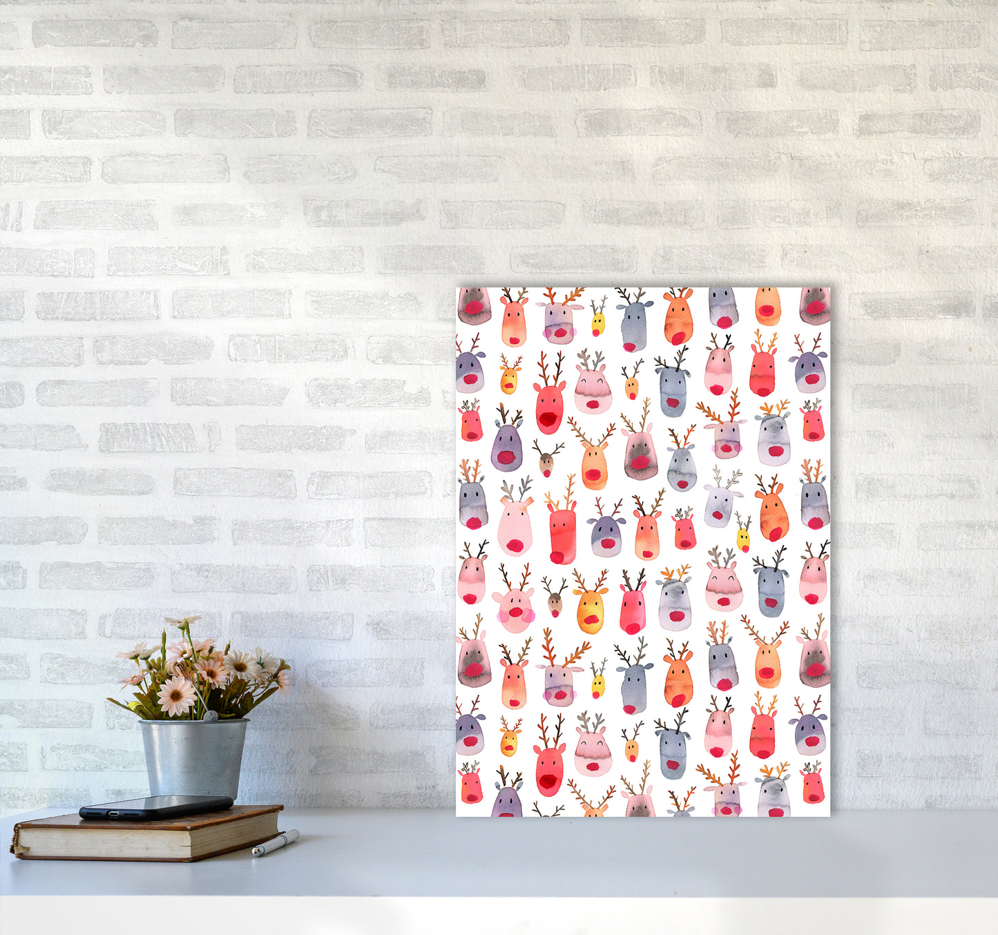 Cute Winter Reindeers Kids Abstract Art Print by Ninola Design A2 Black Frame