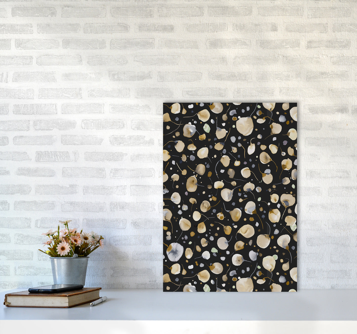 Flying Seeds Gold Silver Abstract Art Print by Ninola Design A2 Black Frame