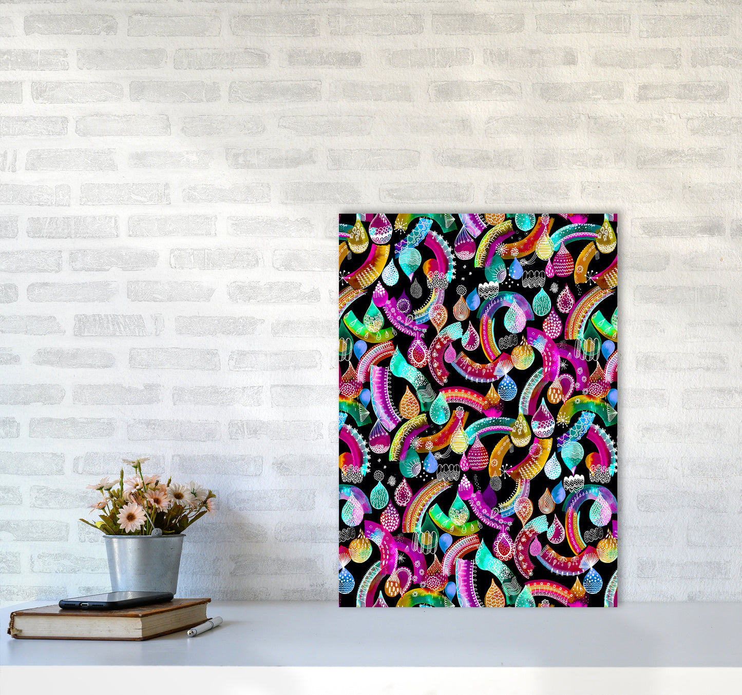 Rainbow Lace Neon Kids Abstract Art Print by Ninola Design A2 Black Frame
