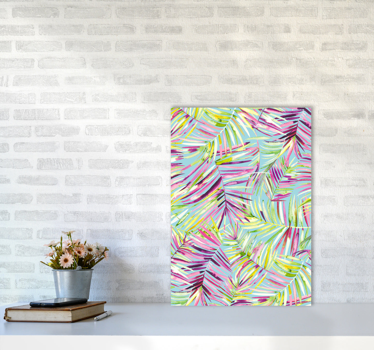 Tropical Palms Blue Abstract Art Print by Ninola Design A2 Black Frame