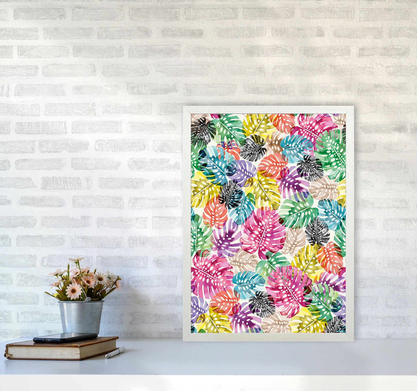 Tropical Monstera Leaves Multicolored Abstract Art Print by Ninola Design A2 Oak Frame