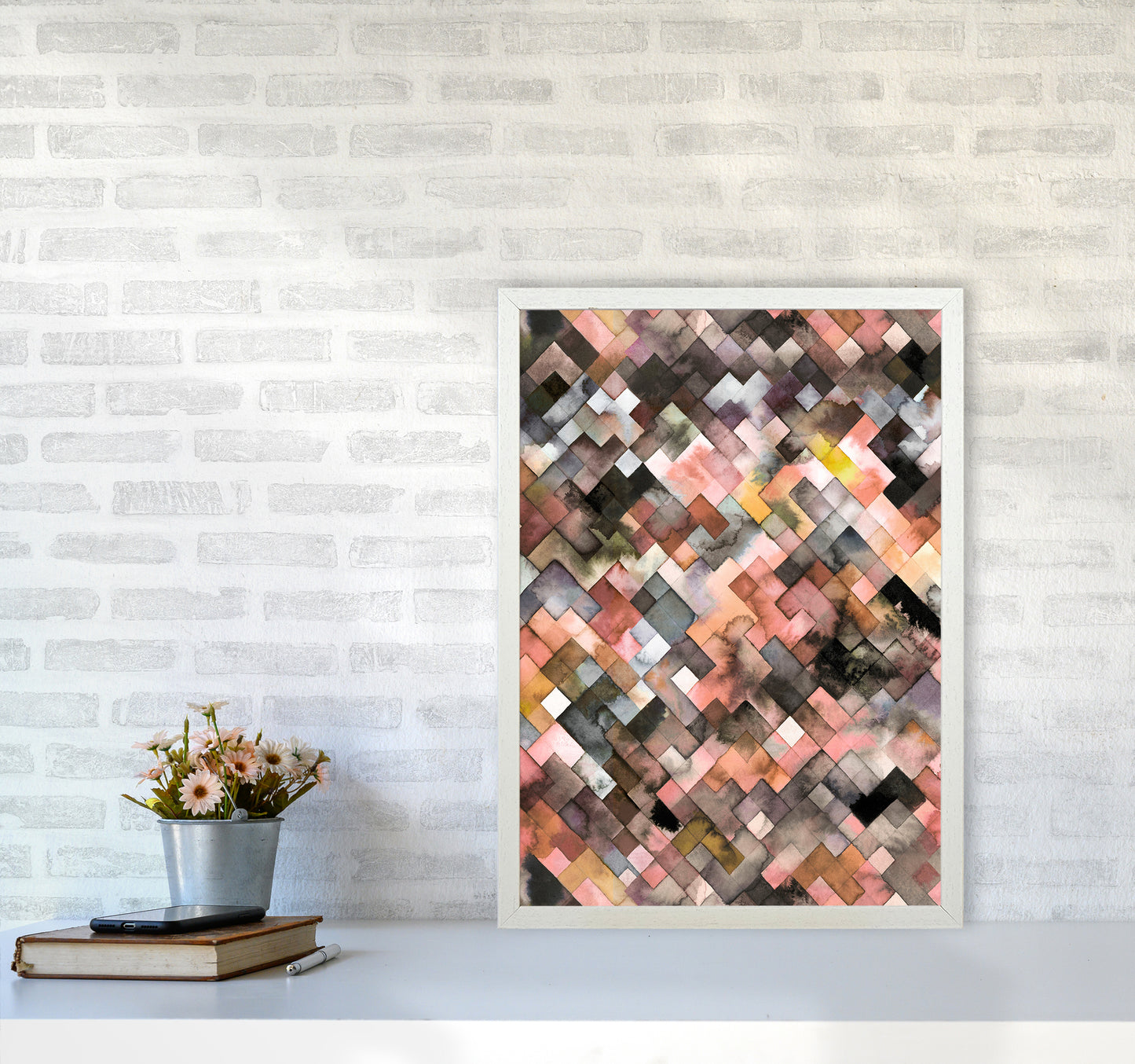 Moody Geometry Rustic Brown Abstract Art Print by Ninola Design A2 Oak Frame