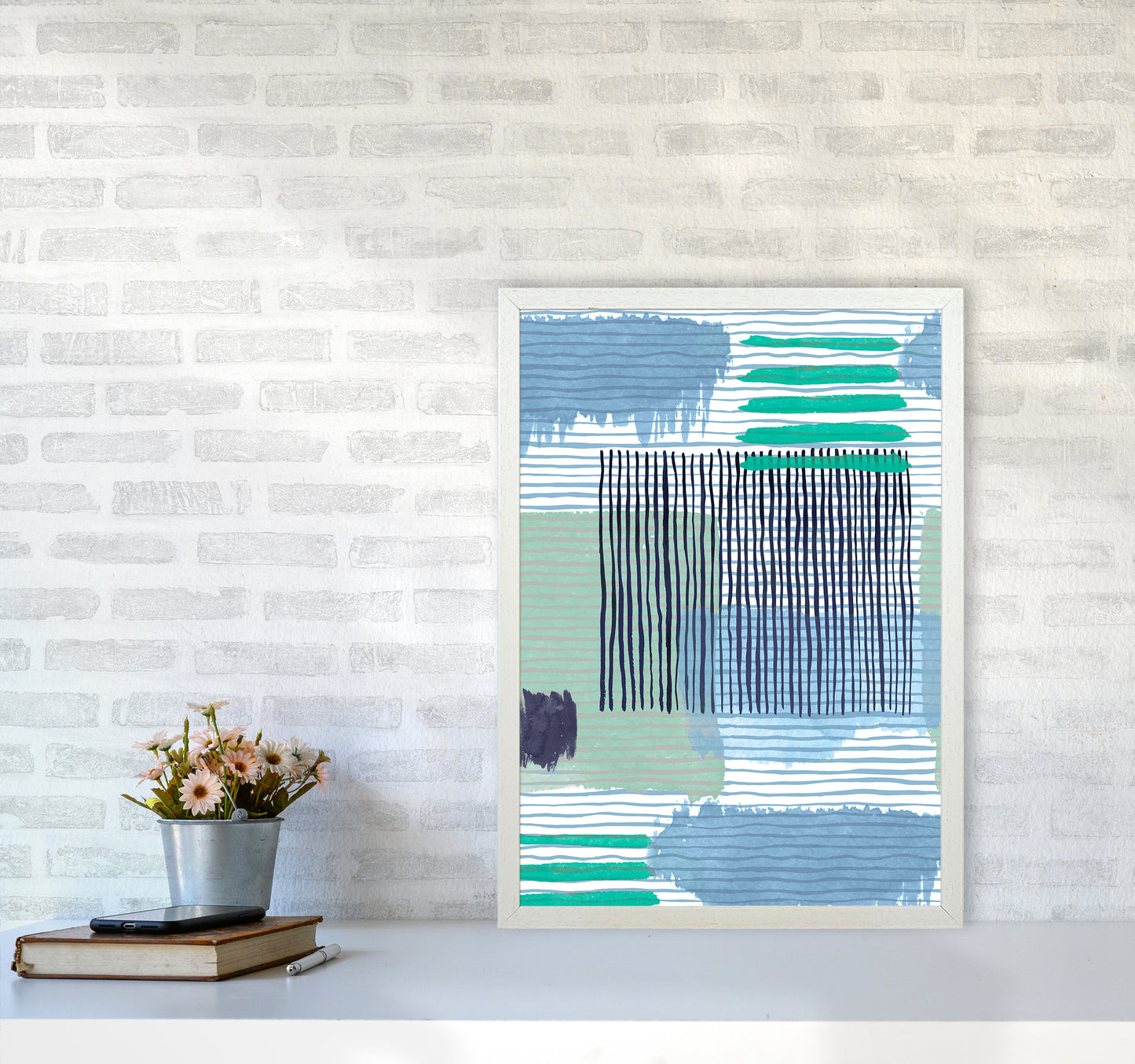 Abstract Striped Geo Green Abstract Art Print by Ninola Design A2 Oak Frame