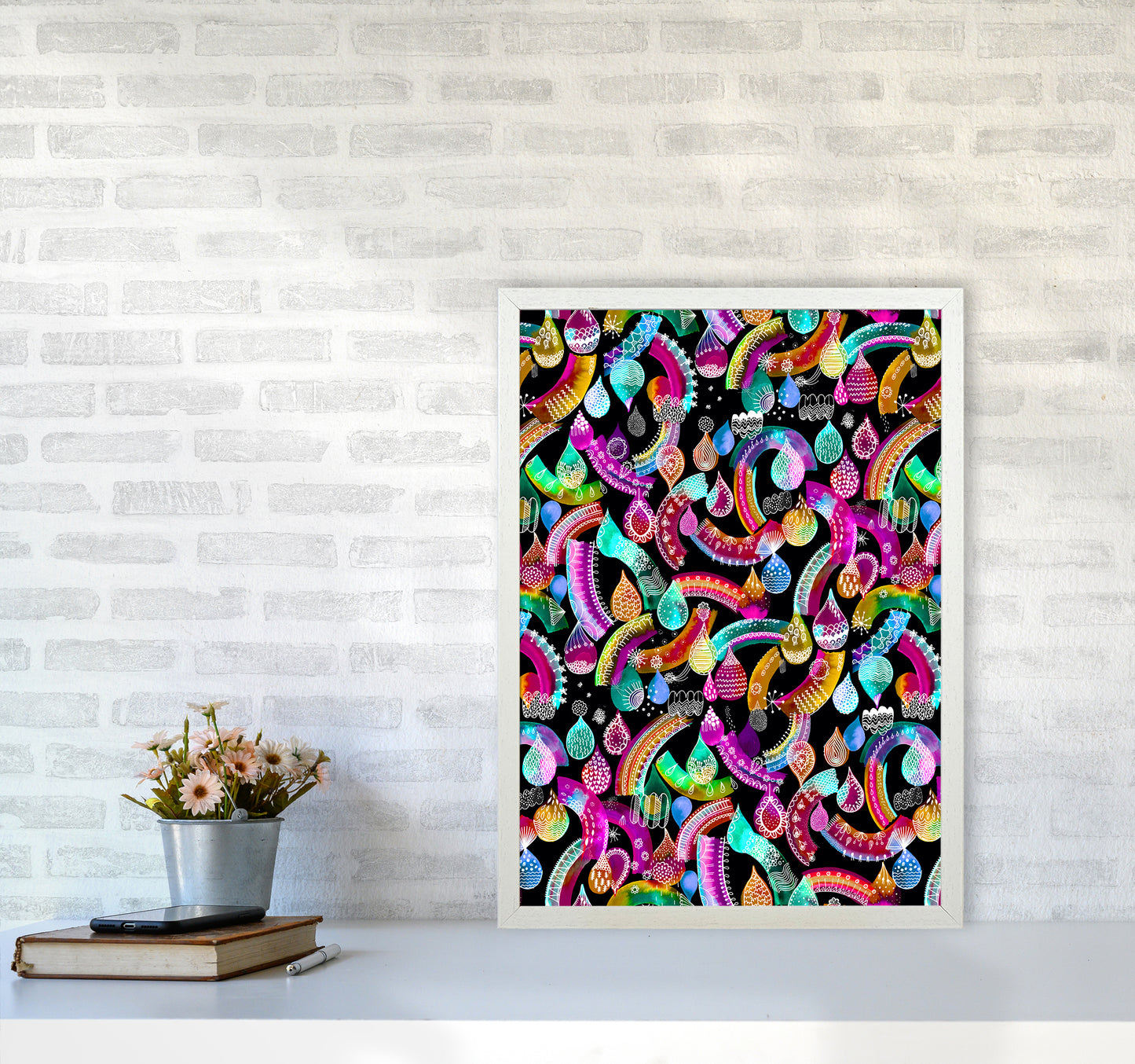 Rainbow Lace Neon Kids Abstract Art Print by Ninola Design A2 Oak Frame