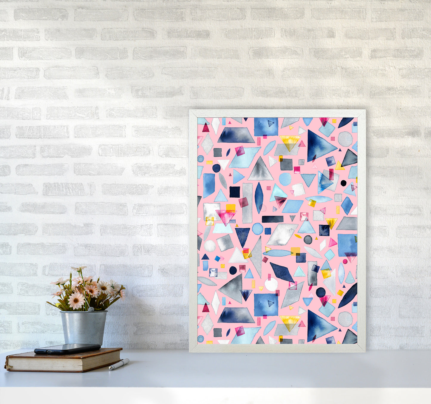 Geometric Pieces Pink Abstract Art Print by Ninola Design A2 Oak Frame