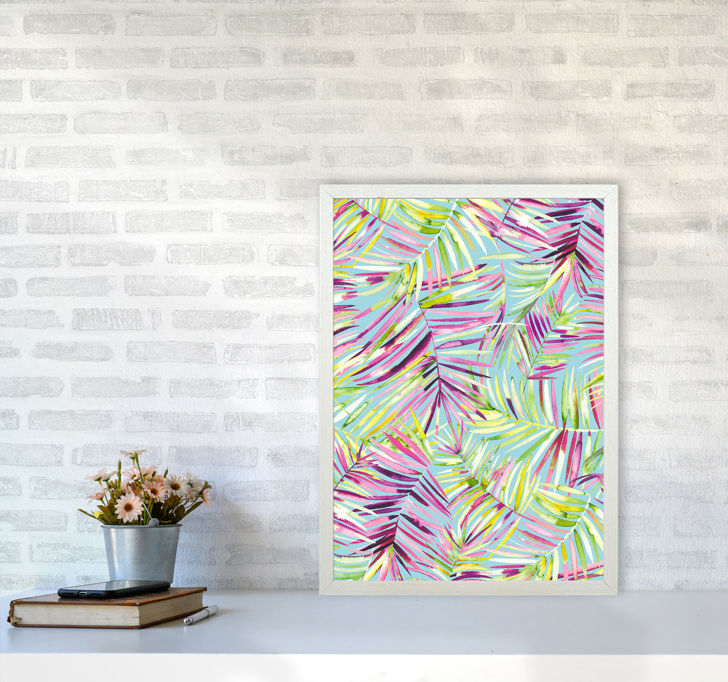 Tropical Palms Blue Abstract Art Print by Ninola Design A2 Oak Frame