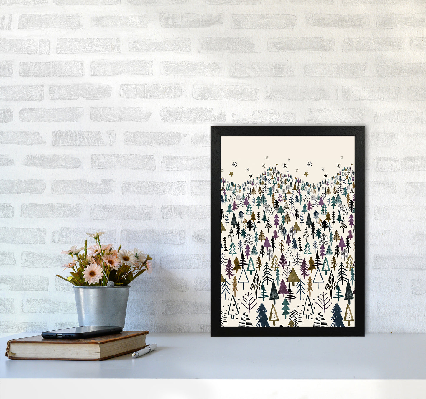 Trees Forest Night Purple Abstract Art Print by Ninola Design A3 White Frame