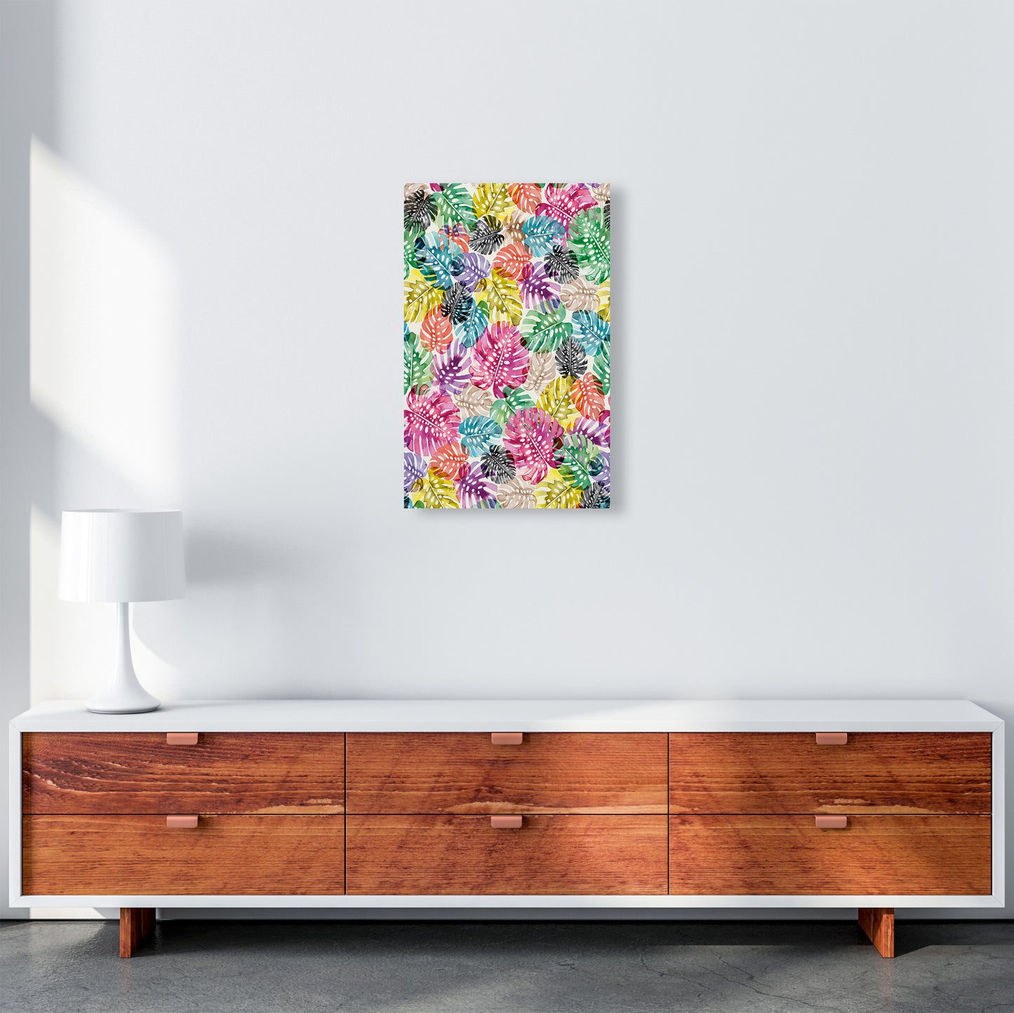 Tropical Monstera Leaves Multicolored Abstract Art Print by Ninola Design A3 Canvas