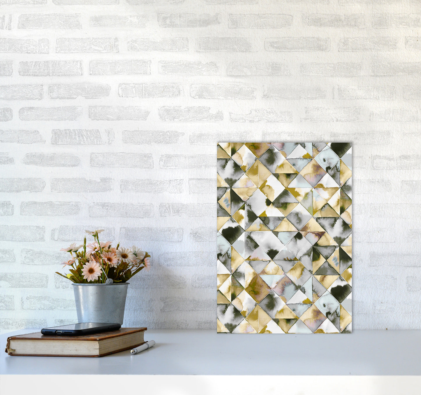 Moody Triangles Gold Silver Abstract Art Print by Ninola Design A3 Black Frame