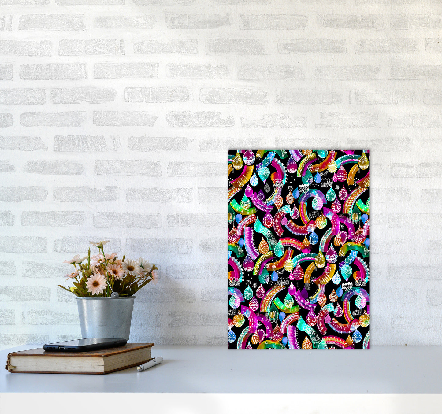 Rainbow Lace Neon Kids Abstract Art Print by Ninola Design A3 Black Frame