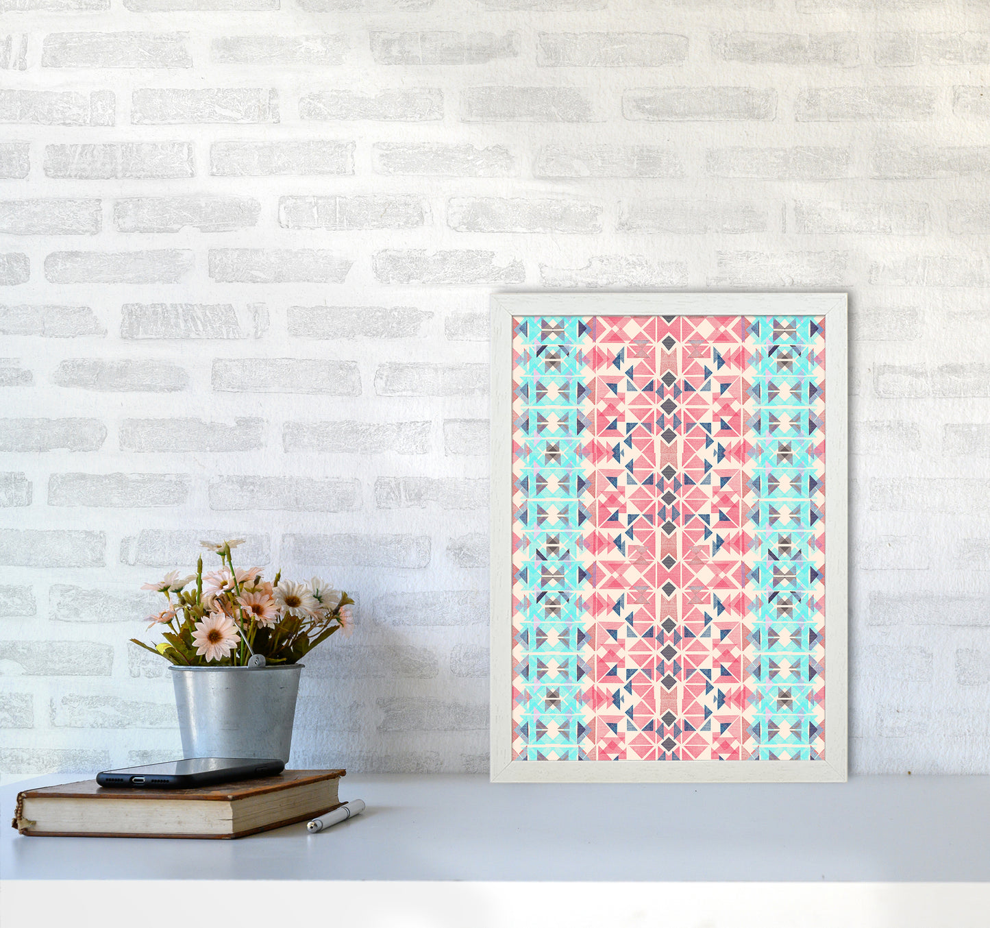 Boho Nomadic Tribal Coral Pastel Abstract Art Print by Ninola Design A3 Oak Frame