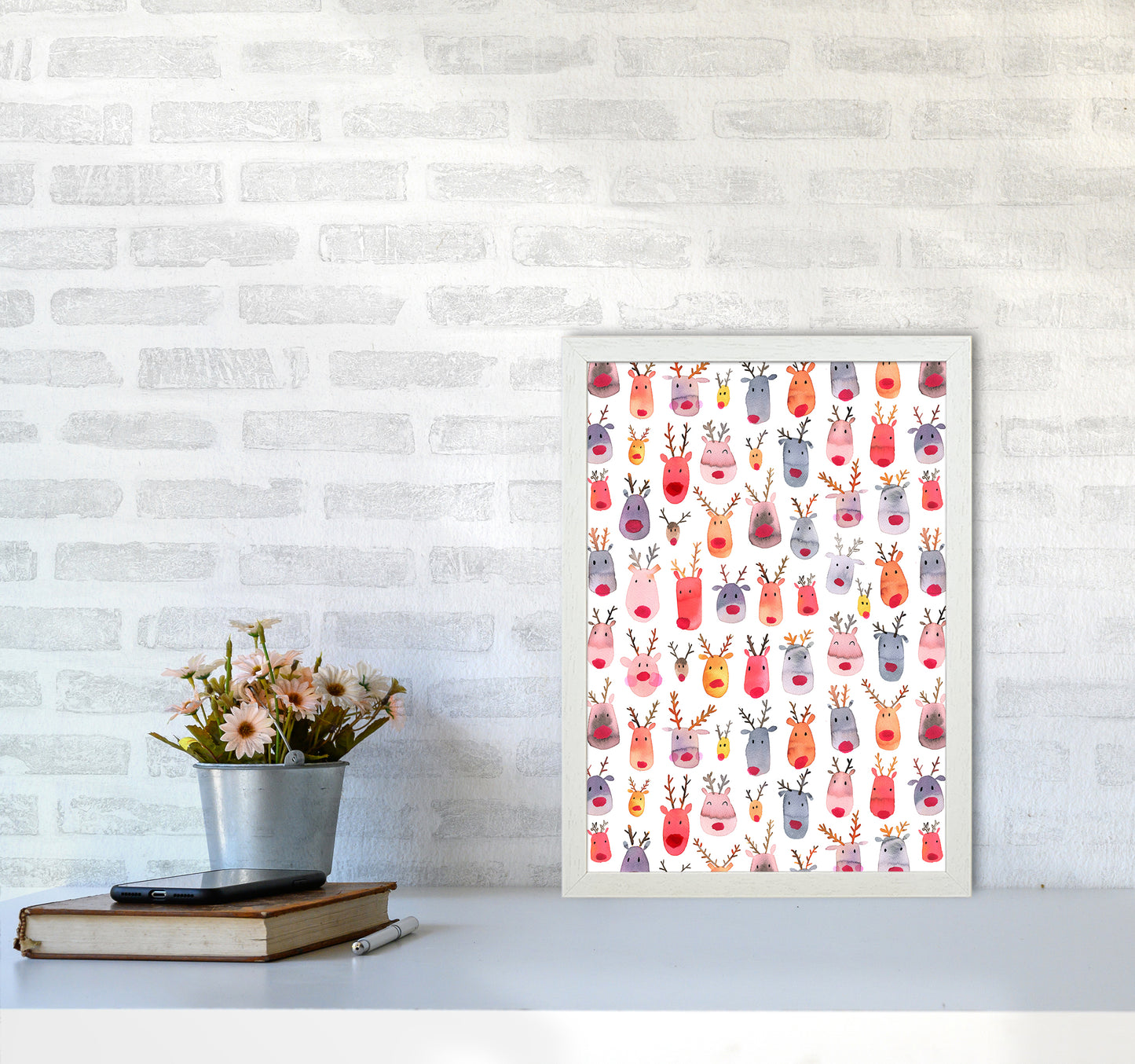 Cute Winter Reindeers Kids Abstract Art Print by Ninola Design A3 Oak Frame