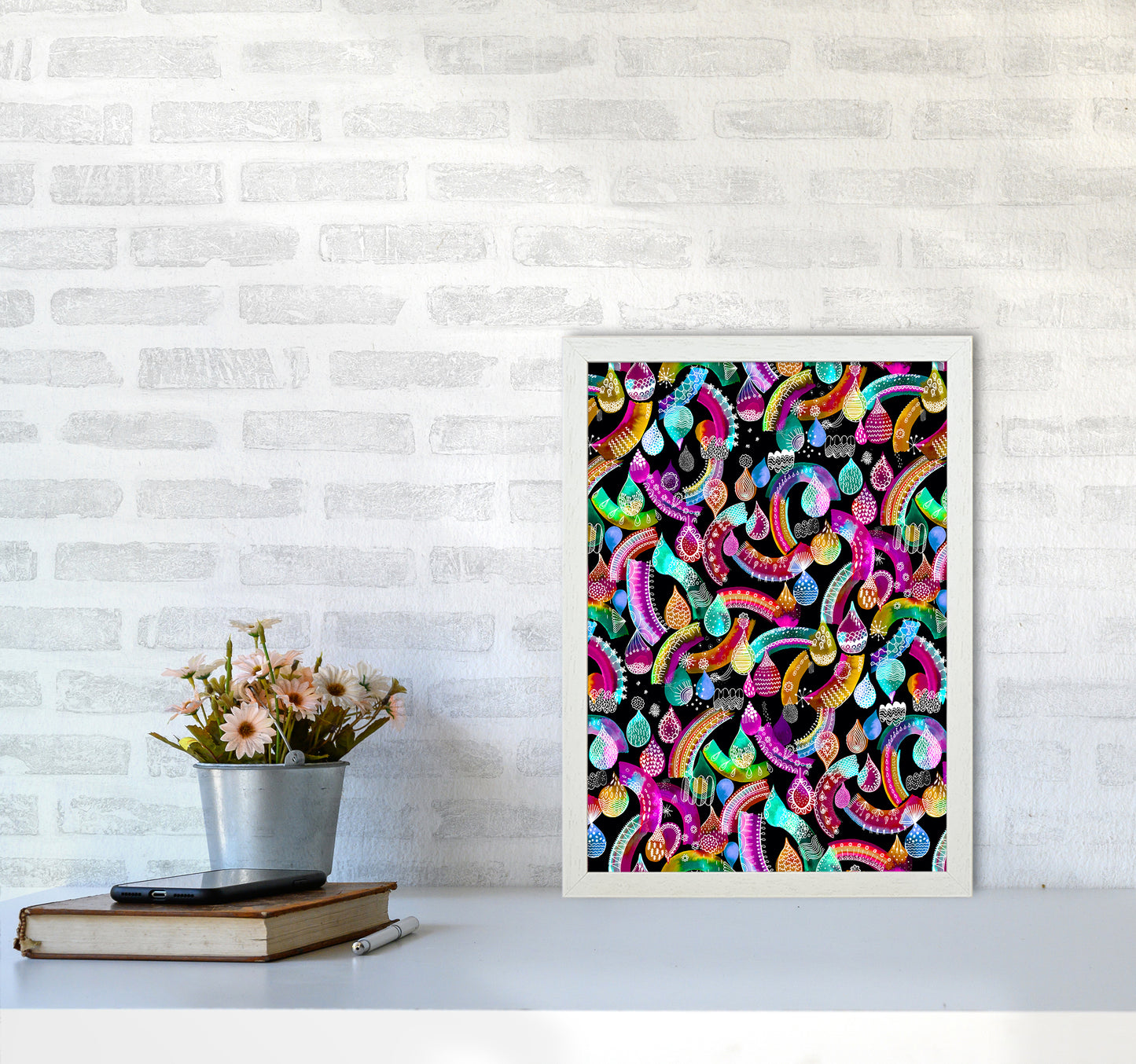 Rainbow Lace Neon Kids Abstract Art Print by Ninola Design A3 Oak Frame