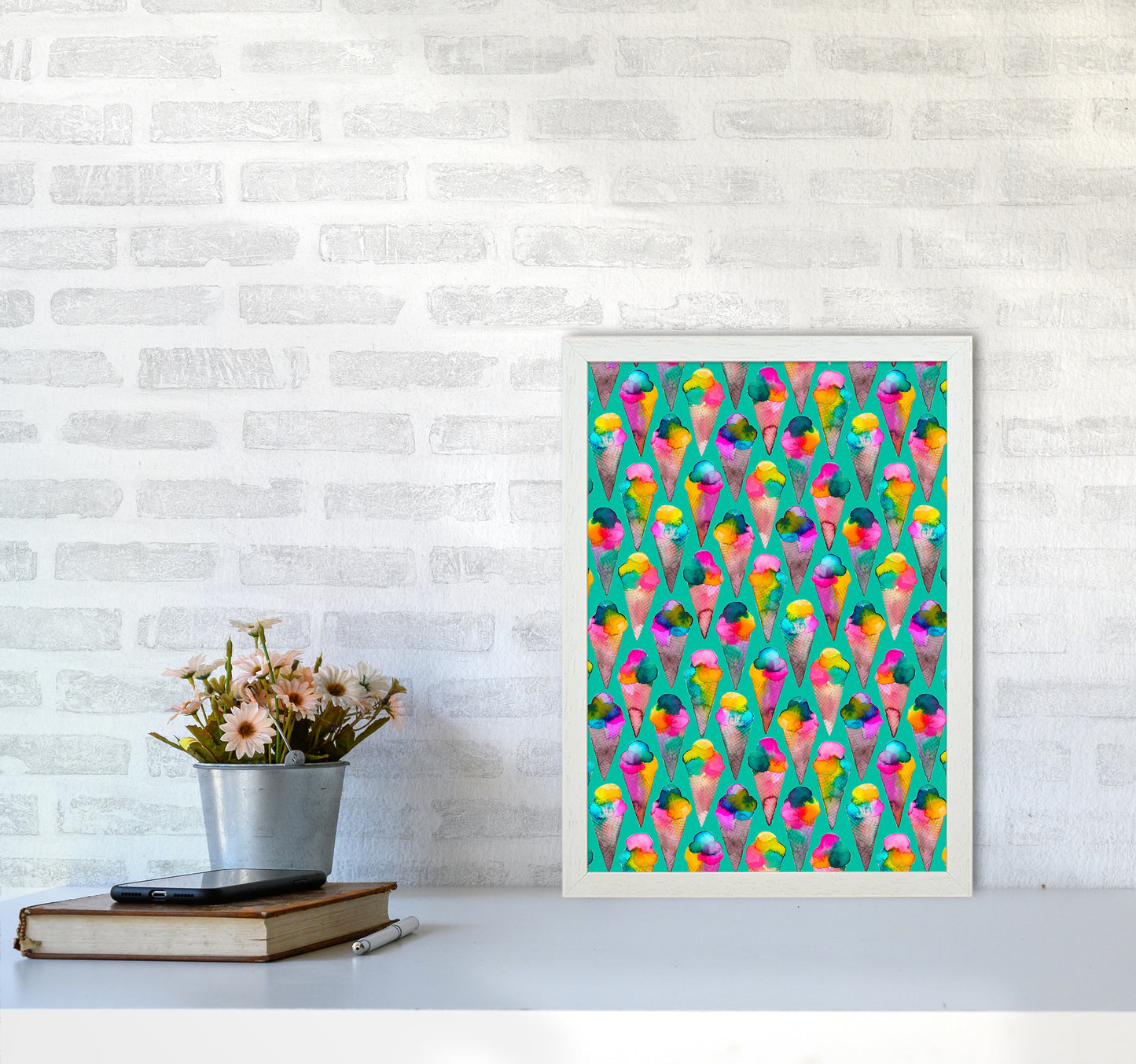 Cute Ice Creams Kids Abstract Art Print by Ninola Design A3 Oak Frame