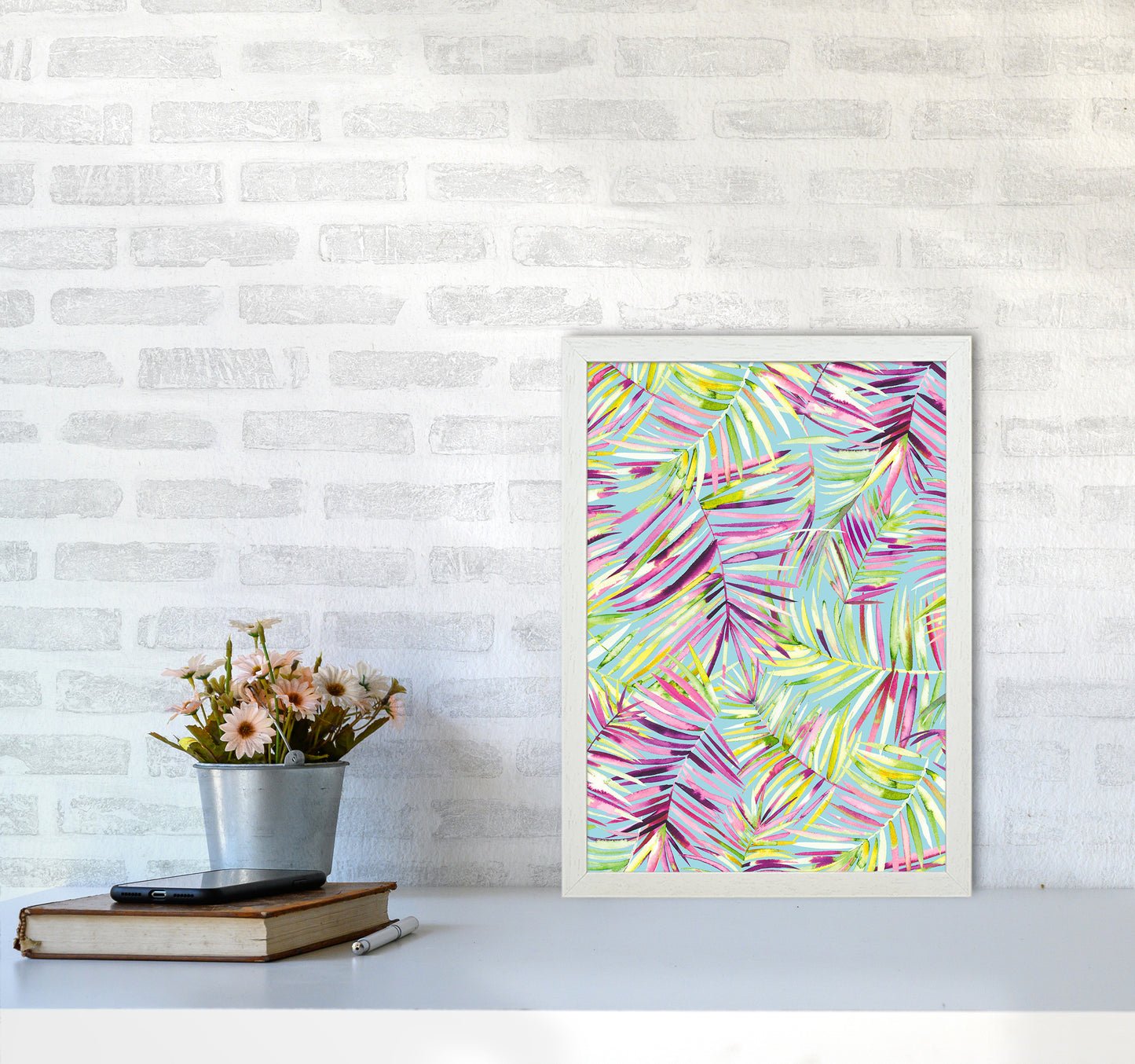 Tropical Palms Blue Abstract Art Print by Ninola Design A3 Oak Frame
