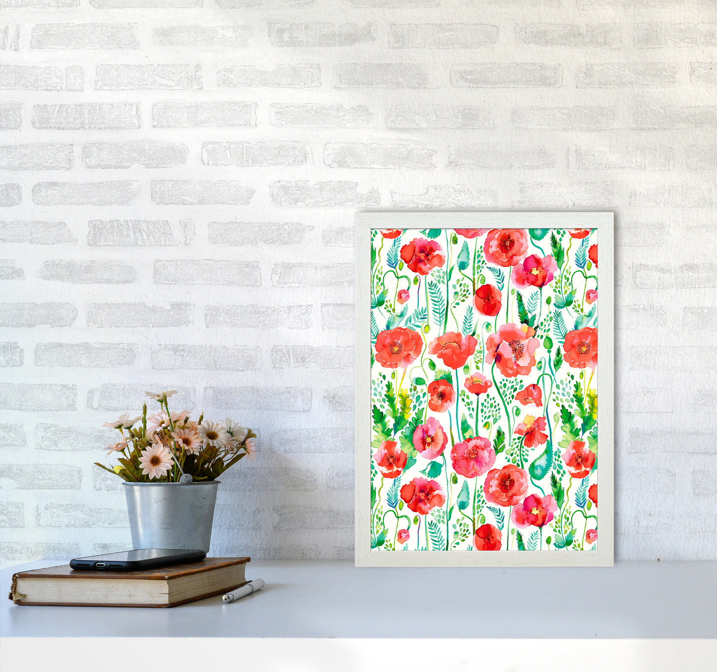 Poppies Red Abstract Art Print by Ninola Design A3 Oak Frame