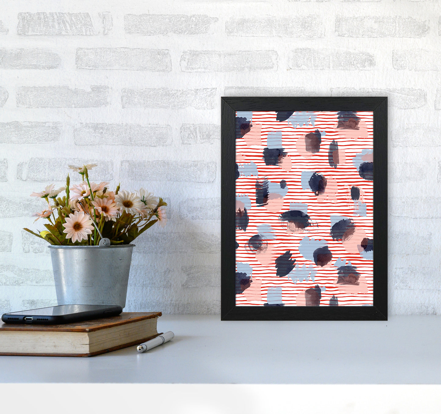 Watercolor Stains Stripes Red Abstract Art Print by Ninola Design A4 White Frame