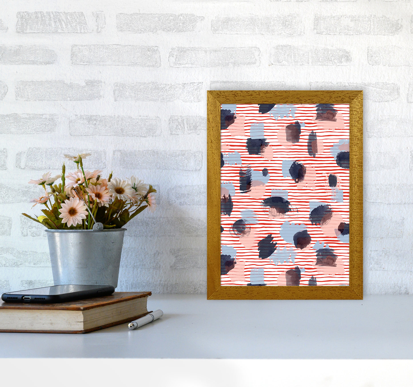 Watercolor Stains Stripes Red Abstract Art Print by Ninola Design A4 Print Only