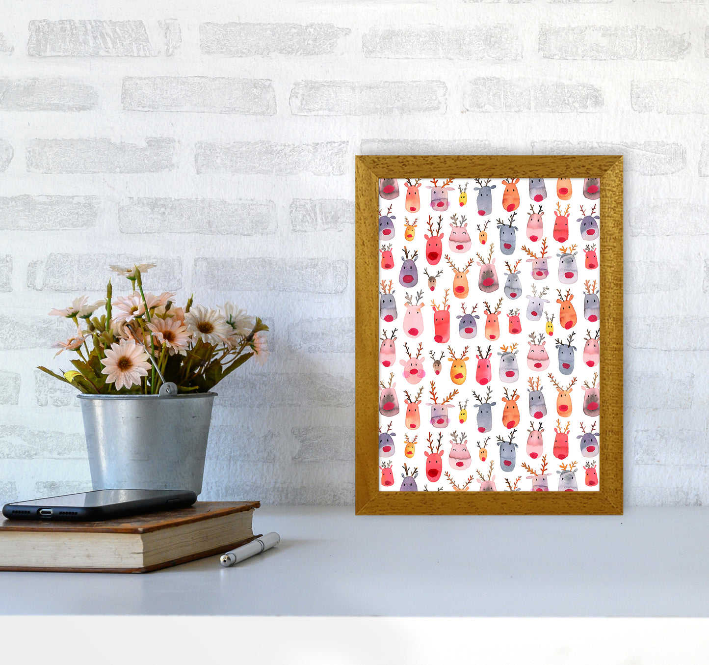 Cute Winter Reindeers Kids Abstract Art Print by Ninola Design A4 Print Only