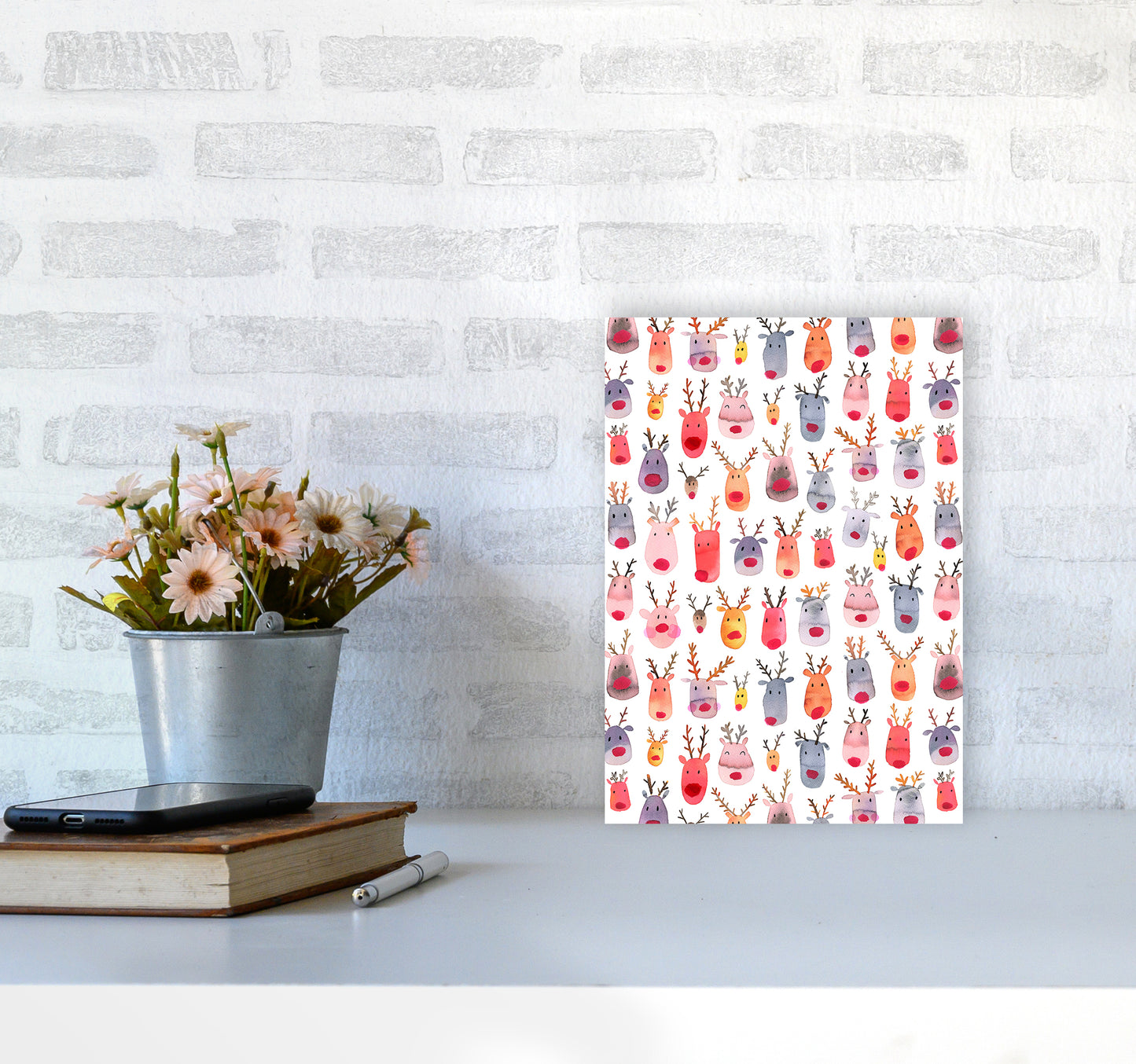 Cute Winter Reindeers Kids Abstract Art Print by Ninola Design A4 Black Frame