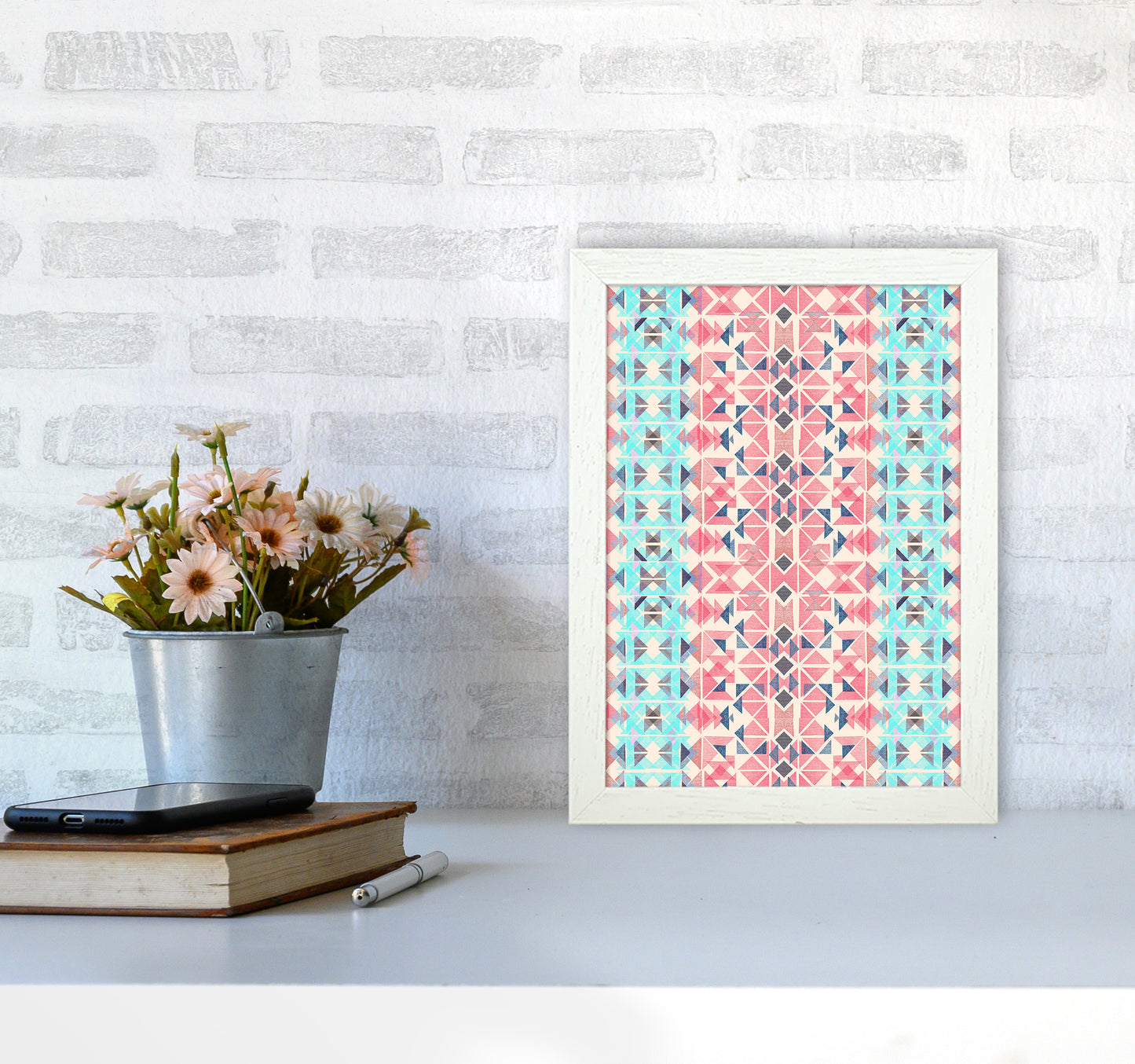 Boho Nomadic Tribal Coral Pastel Abstract Art Print by Ninola Design A4 Oak Frame