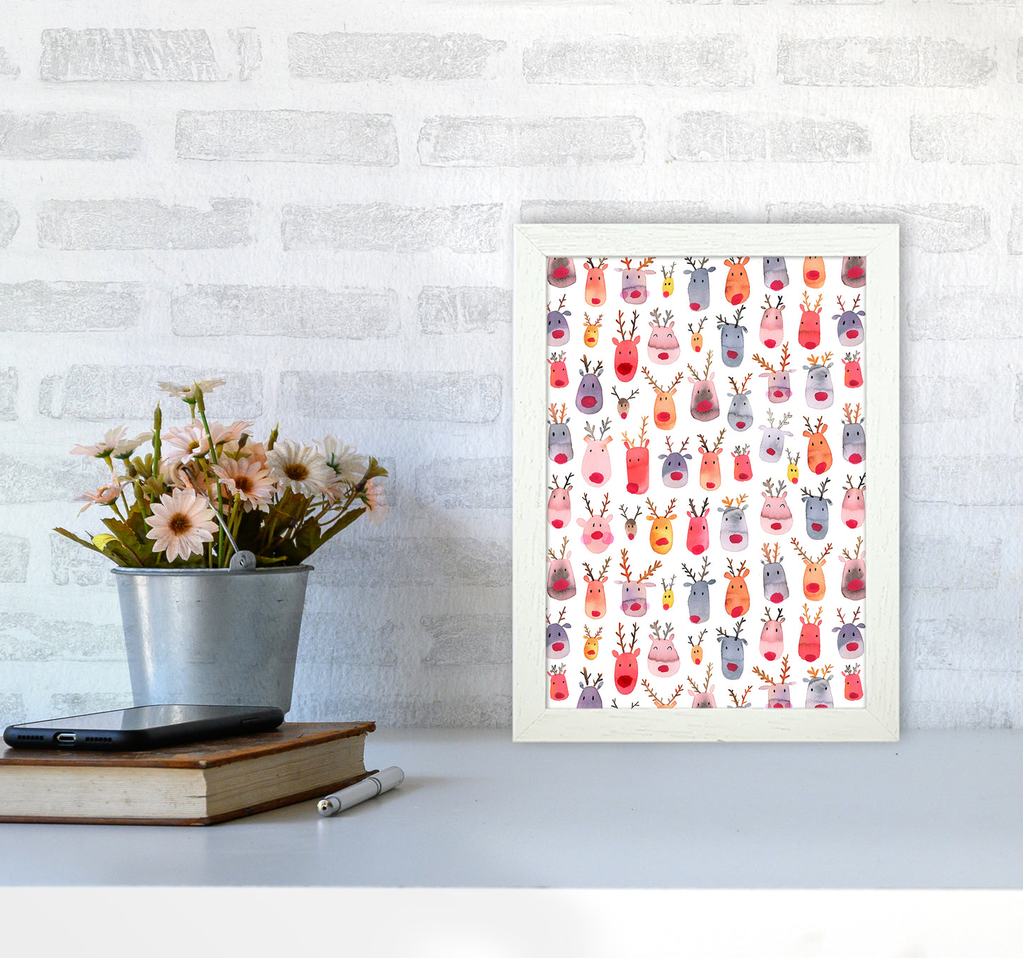 Cute Winter Reindeers Kids Abstract Art Print by Ninola Design A4 Oak Frame