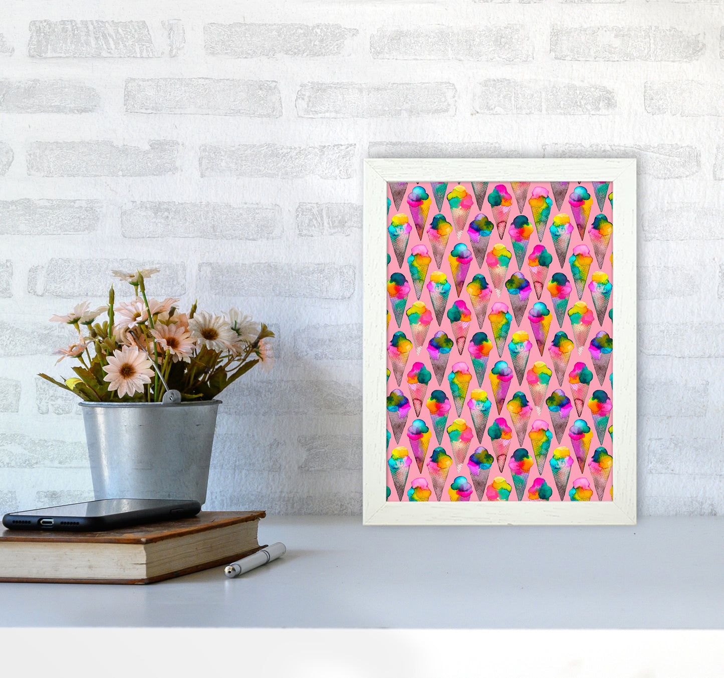 Cute Ice Creams Kids Pink Abstract Art Print by Ninola Design A4 Oak Frame