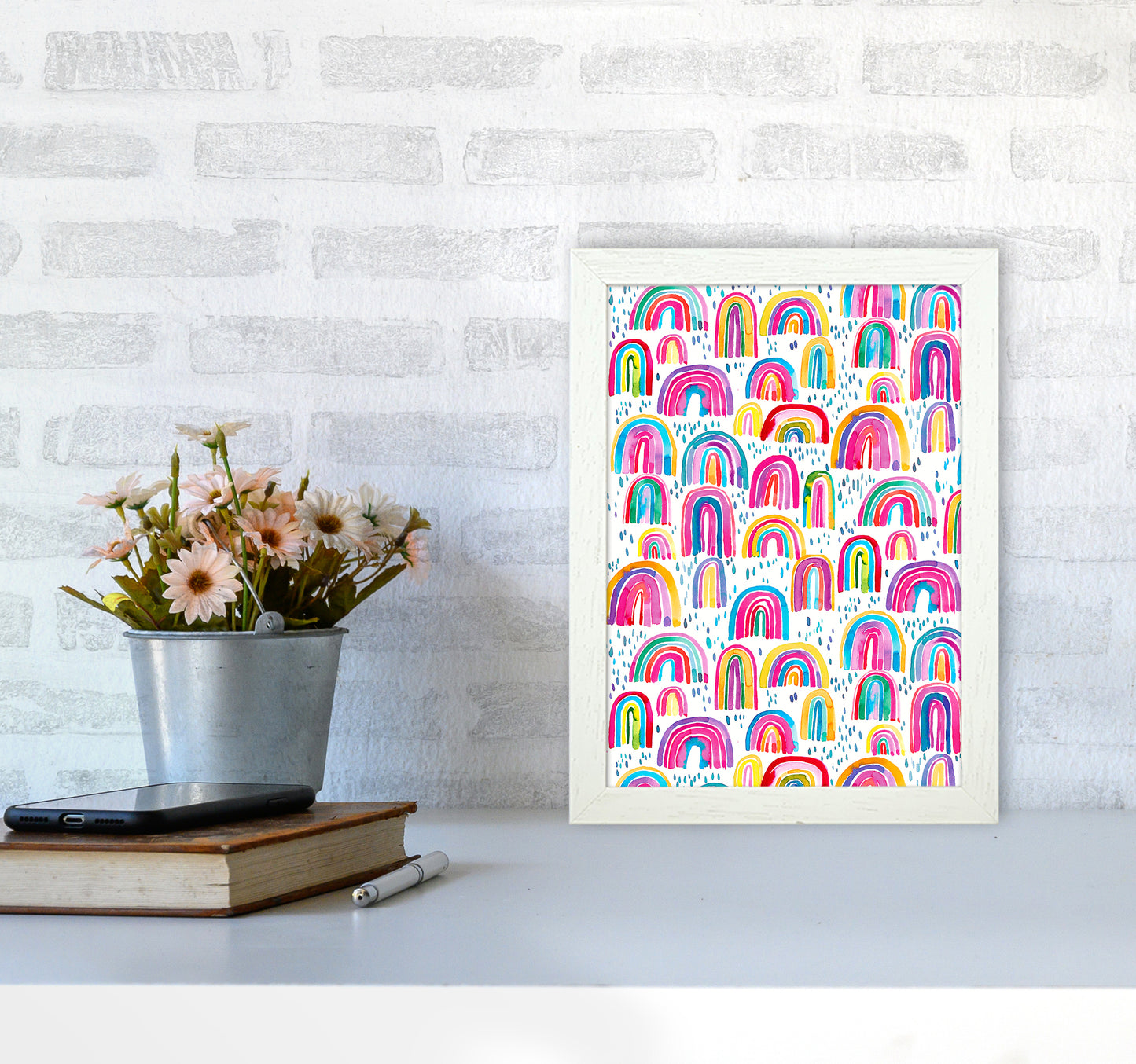 Cute Watercolor Rainbows Abstract Art Print by Ninola Design A4 Oak Frame
