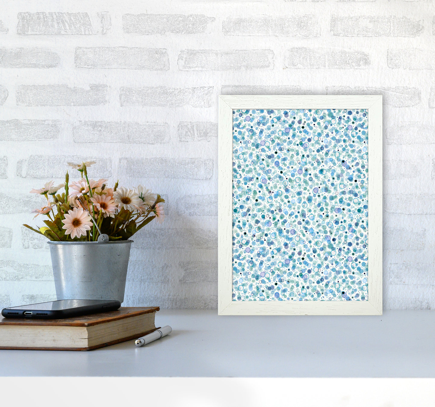 Cosmic Bubbles Blue Abstract Art Print by Ninola Design A4 Oak Frame