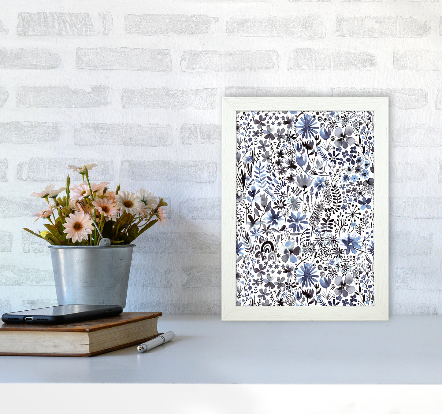 Winter Ink Flowers Abstract Art Print by Ninola Design A4 Oak Frame