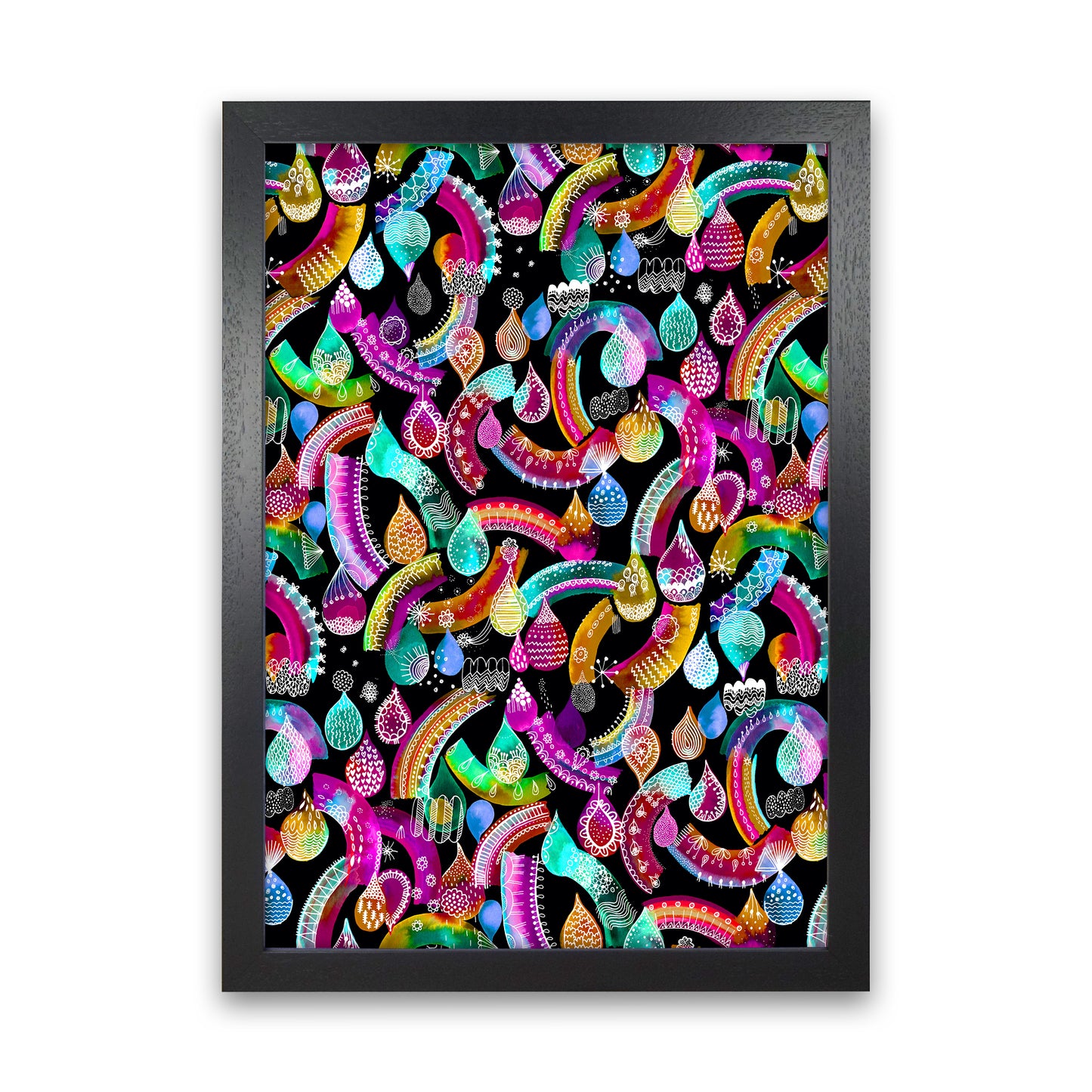 Rainbow Lace Neon Kids Abstract Art Print by Ninola Design Black Grain