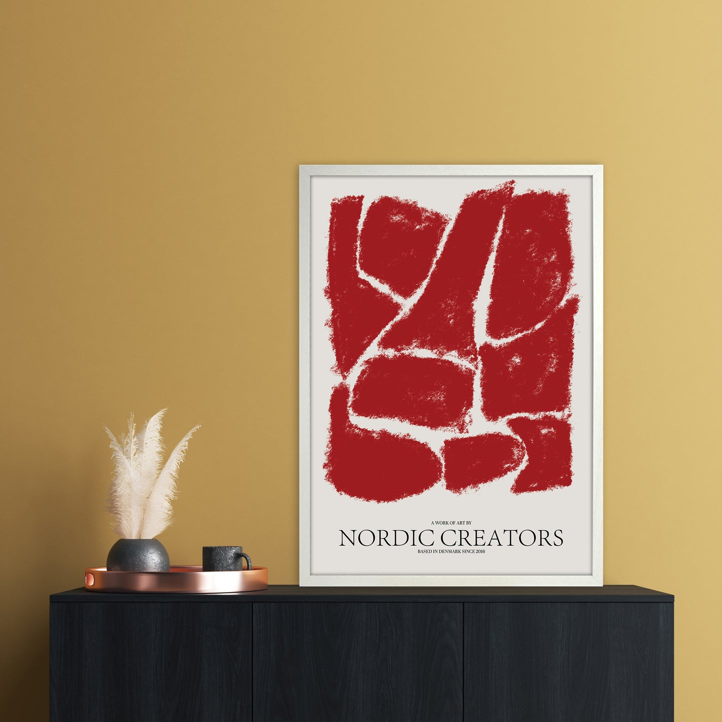Things Fall Apart - Red Abstract Art Print by Nordic Creators A1 Oak Frame