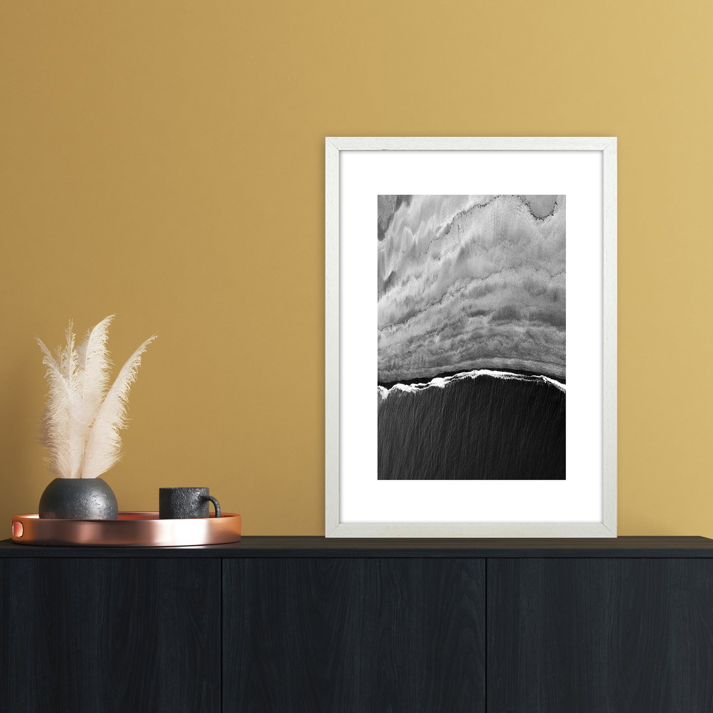 Black Ocean Abstract Art Print by Nordic Creators A2 Oak Frame