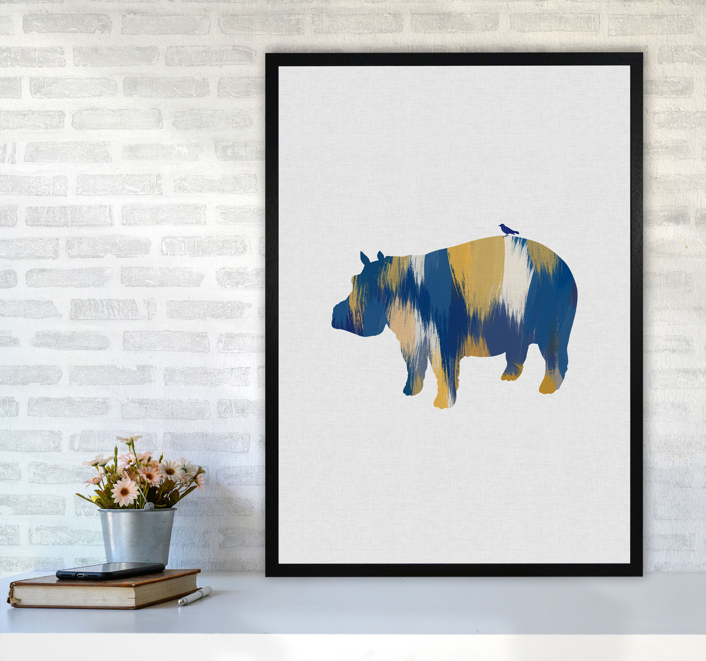 Hippo Blue & Yellow Print By Orara Studio Animal Art Print A1 White Frame