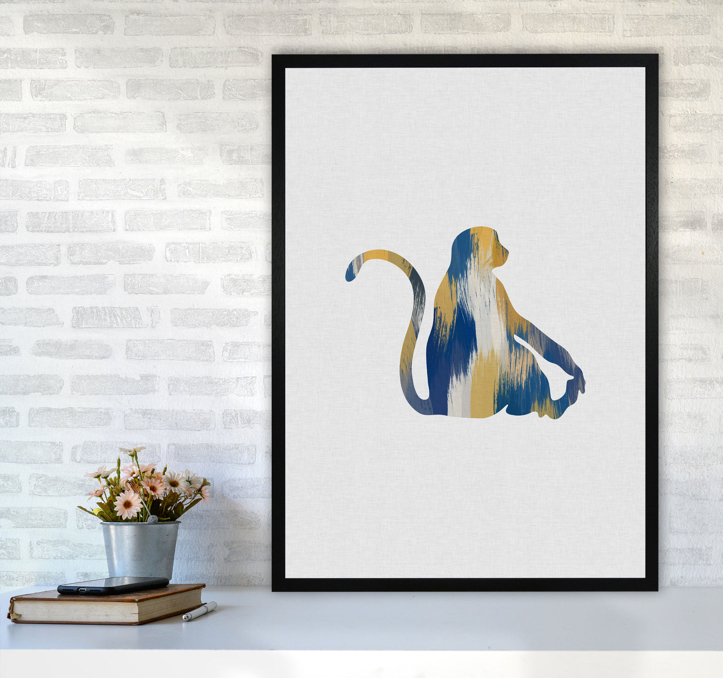 Monkey Blue & Yellow Print By Orara Studio Animal Art Print A1 White Frame