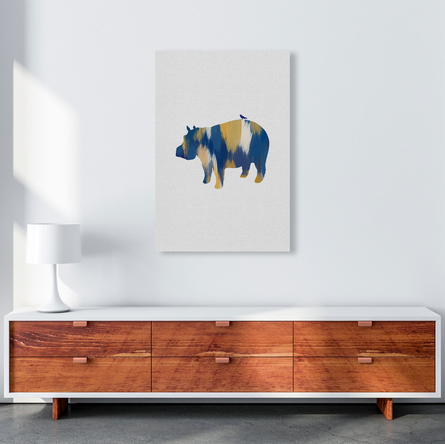 Hippo Blue & Yellow Print By Orara Studio Animal Art Print A1 Canvas