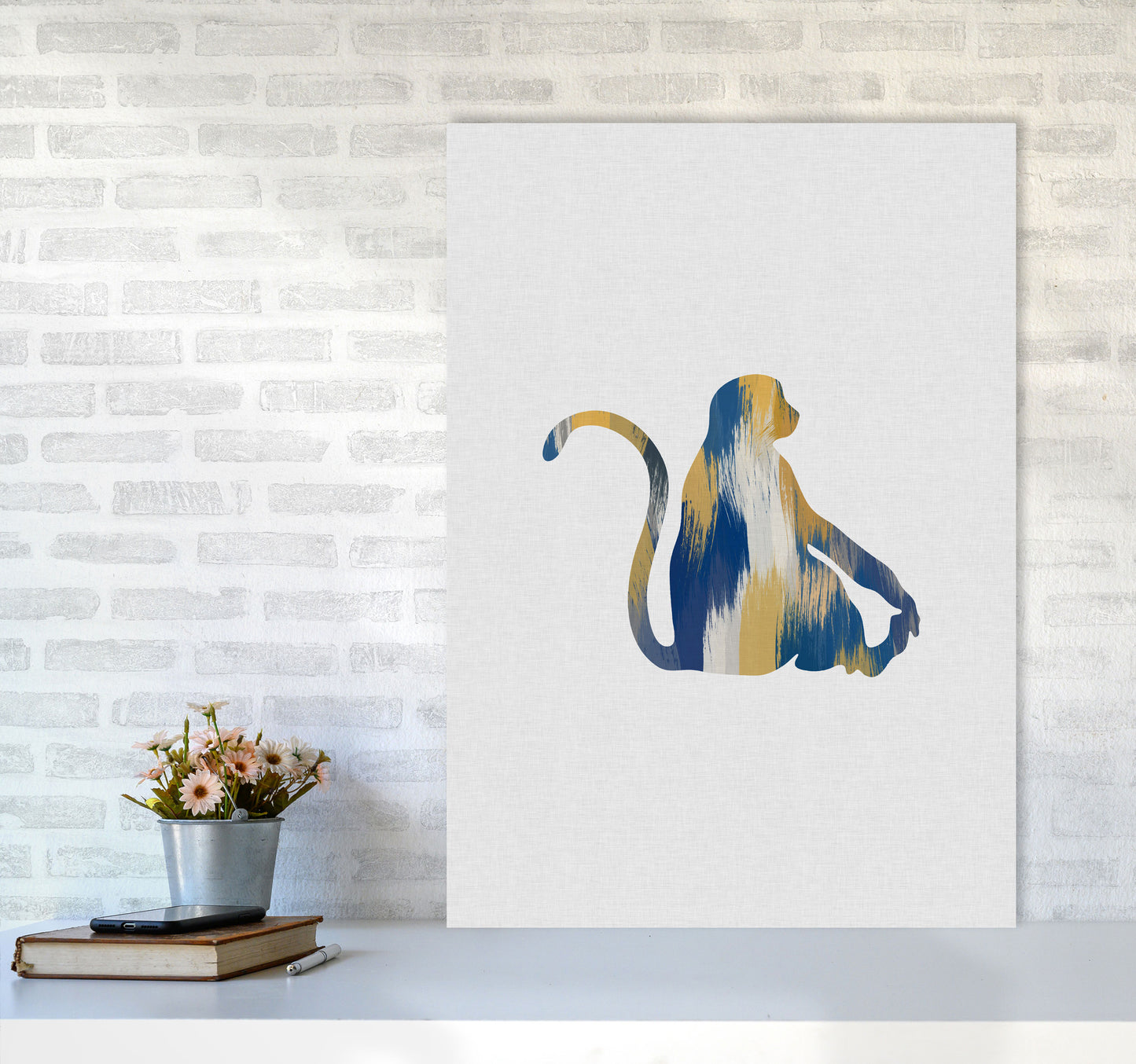 Monkey Blue & Yellow Print By Orara Studio Animal Art Print A1 Black Frame