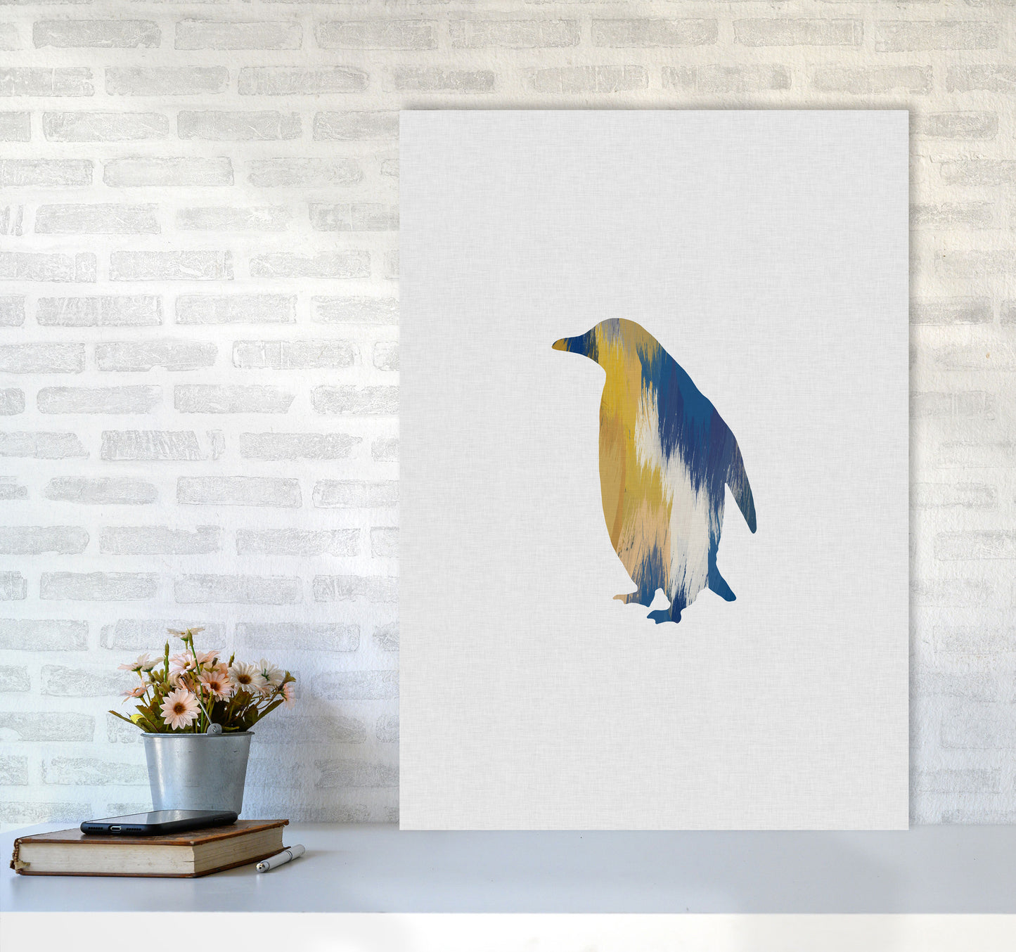Penguin Blue & Yellow Print By Orara Studio Animal Art Print A1 Black Frame