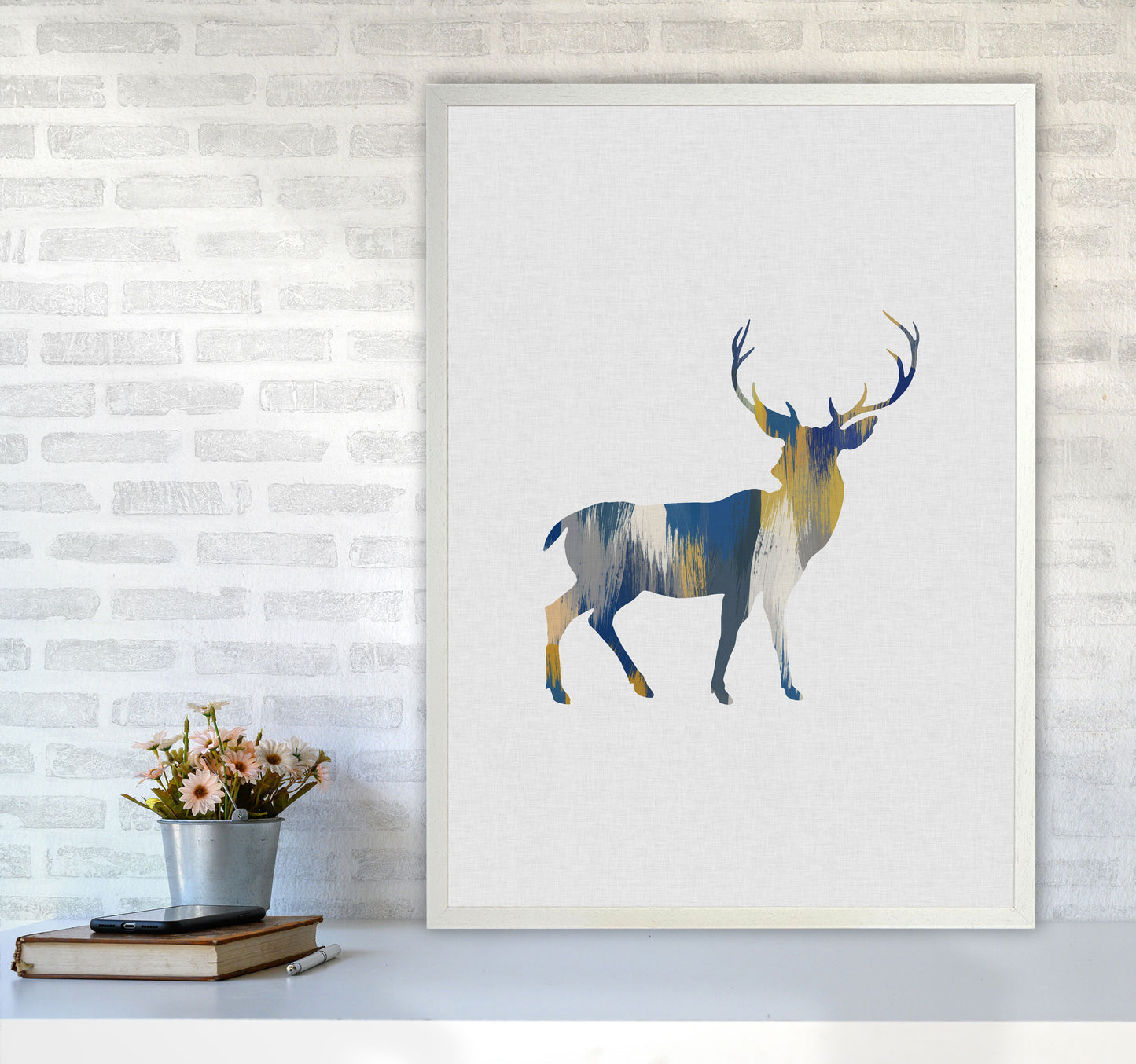 Deer Blue & Yellow Print By Orara Studio Animal Art Print A1 Oak Frame