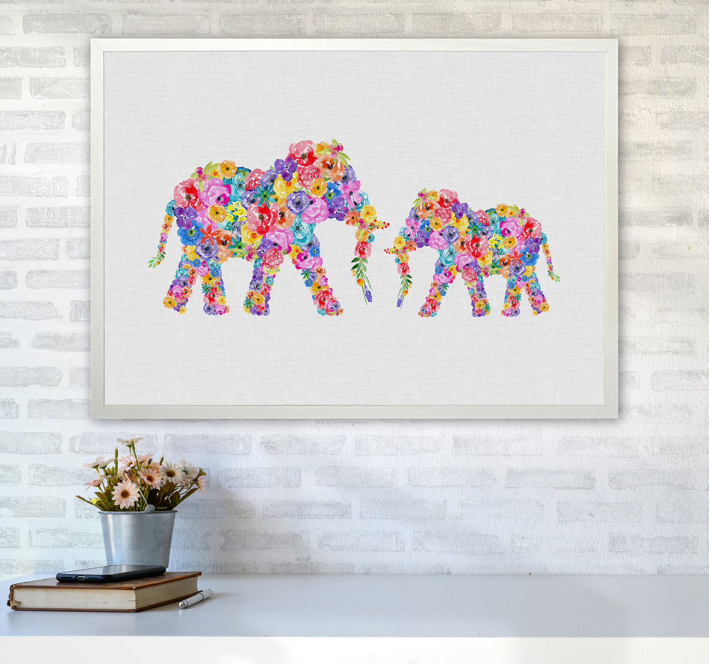 Floral Elephants Print By Orara Studio Animal Art Print A1 Oak Frame