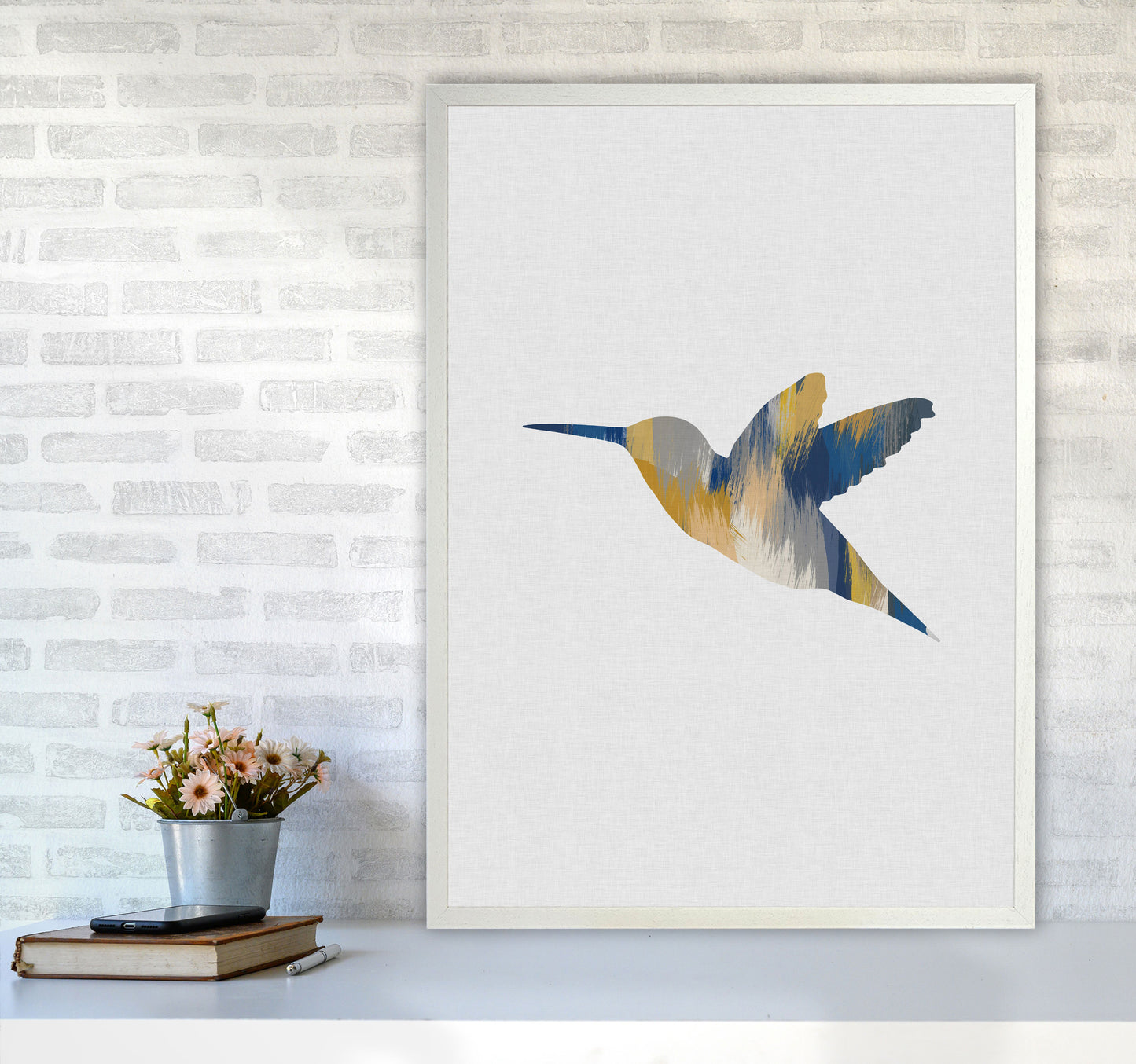 Hummingbird Blue & Yellow I Print By Orara Studio Animal Art Print A1 Oak Frame