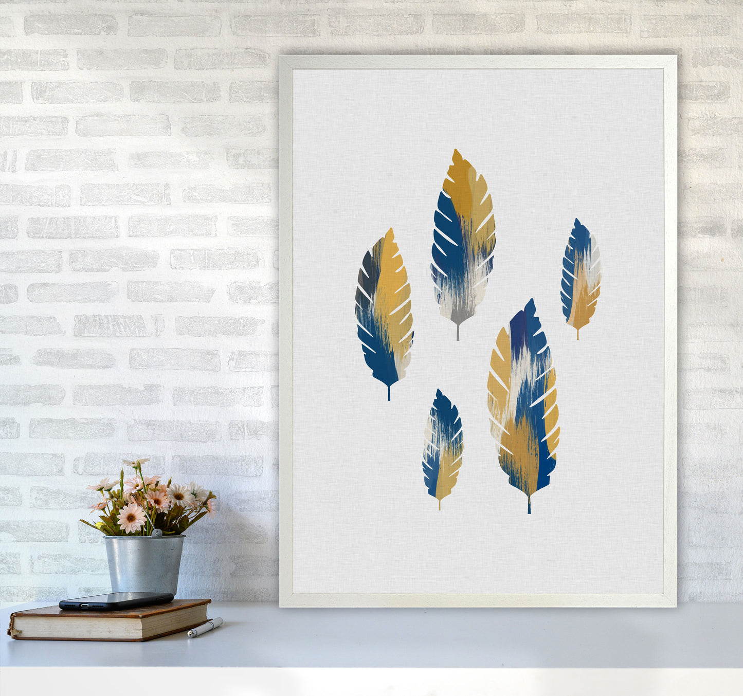 Leaves Blue & Yellow Print By Orara Studio A1 Oak Frame