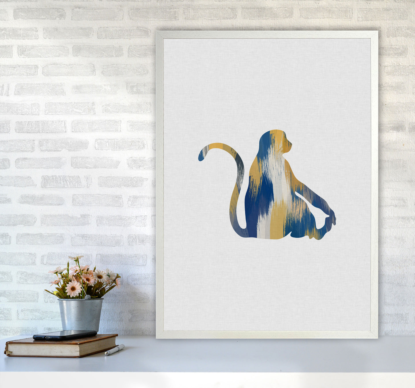 Monkey Blue & Yellow Print By Orara Studio Animal Art Print A1 Oak Frame