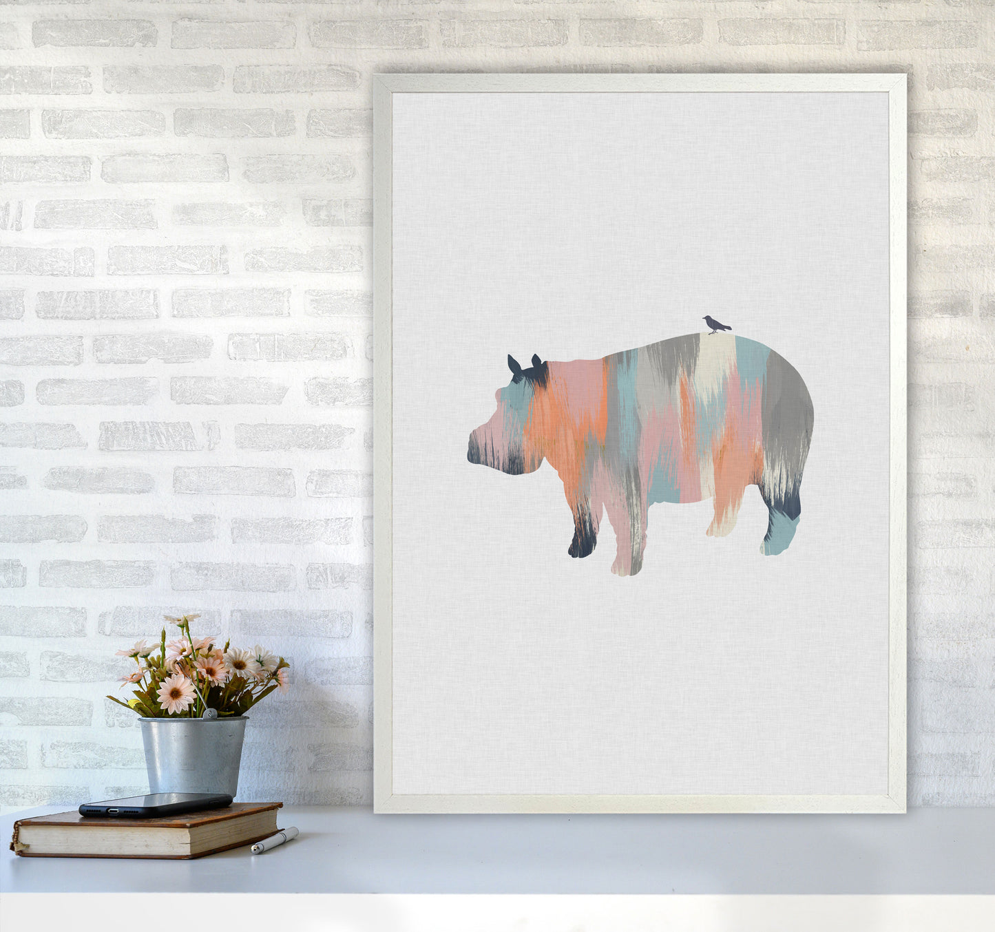Pastel Hippo Print By Orara Studio Animal Art Print A1 Oak Frame